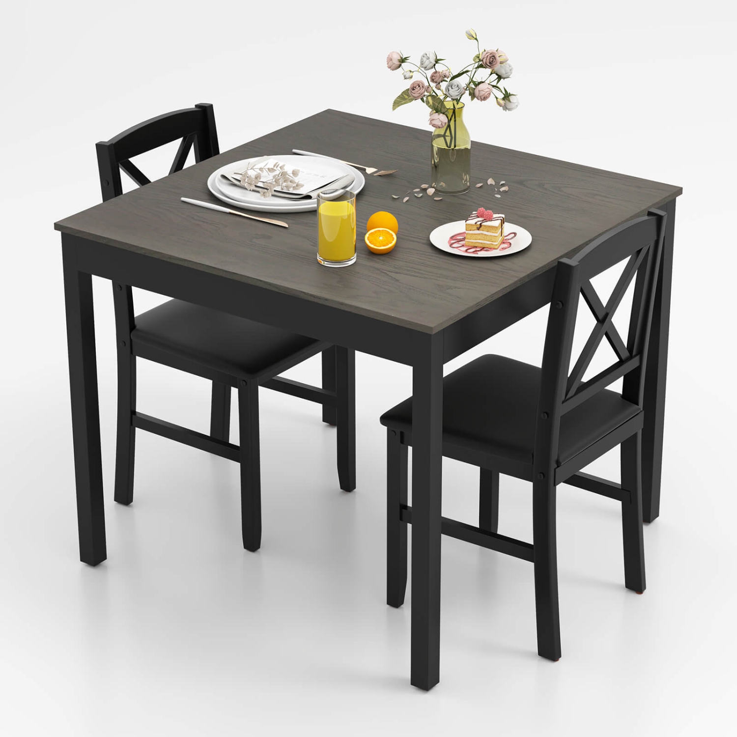 Costway 3 PCS Dining Table Set Wooden Square Kitchen Table with 2 Upholstered Chairs Brown/Gray