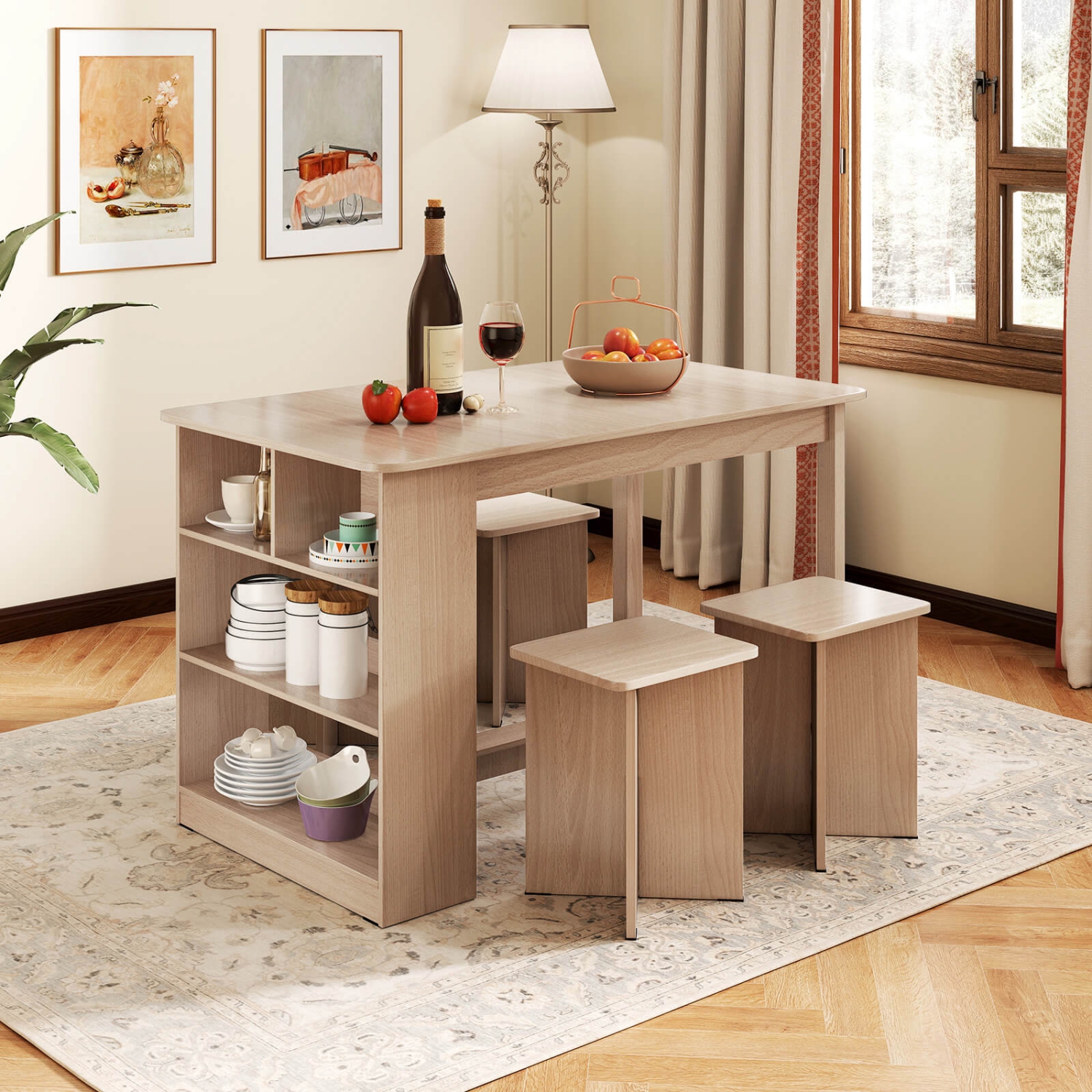 Ensemble de table à manger 5 PCS de Costway avec tablette de rangement Table de cuisine rectangulaire et 4 tabourets Beige/Gris