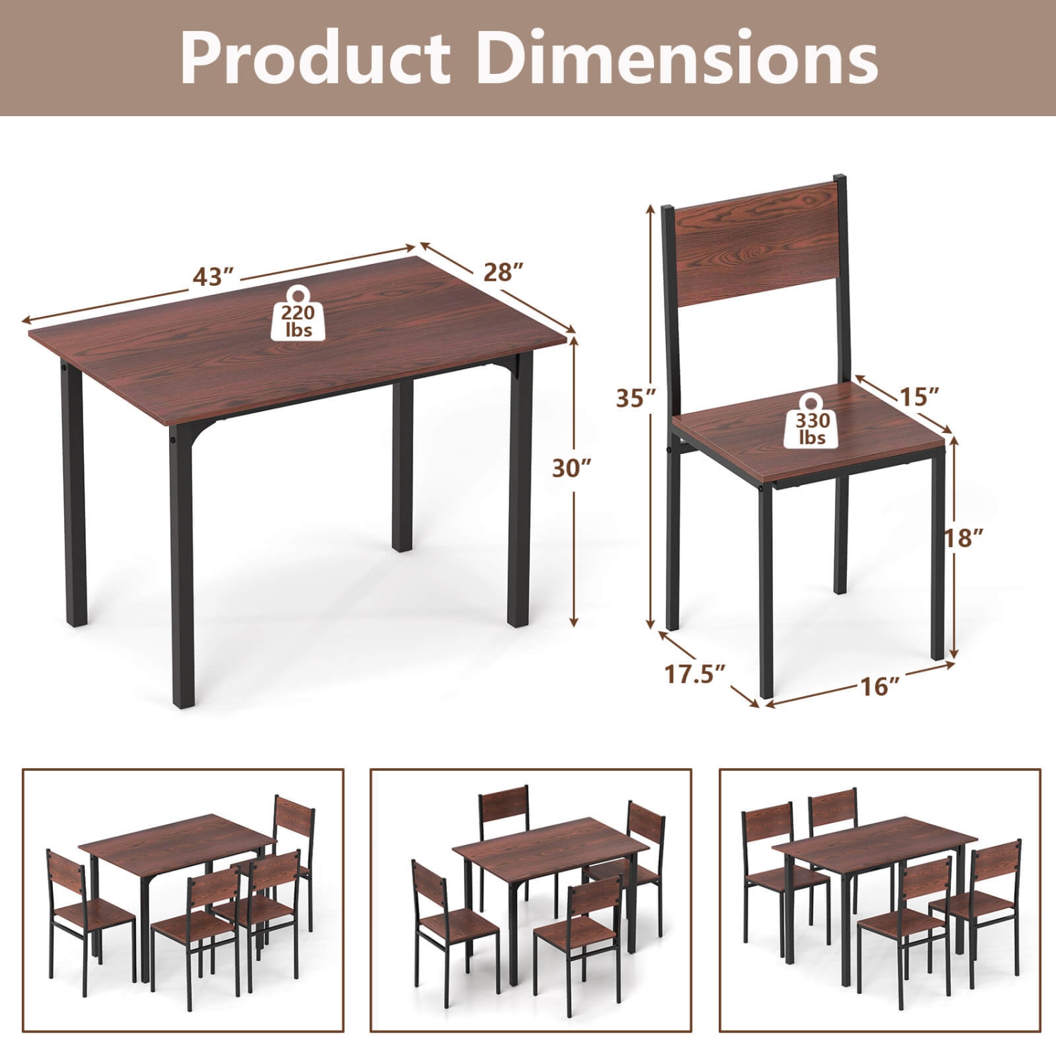 Costway 5 PCS Dining Table Set Industrial Style Kitchen Table & Chairs for 4 Gray Gray/Brown