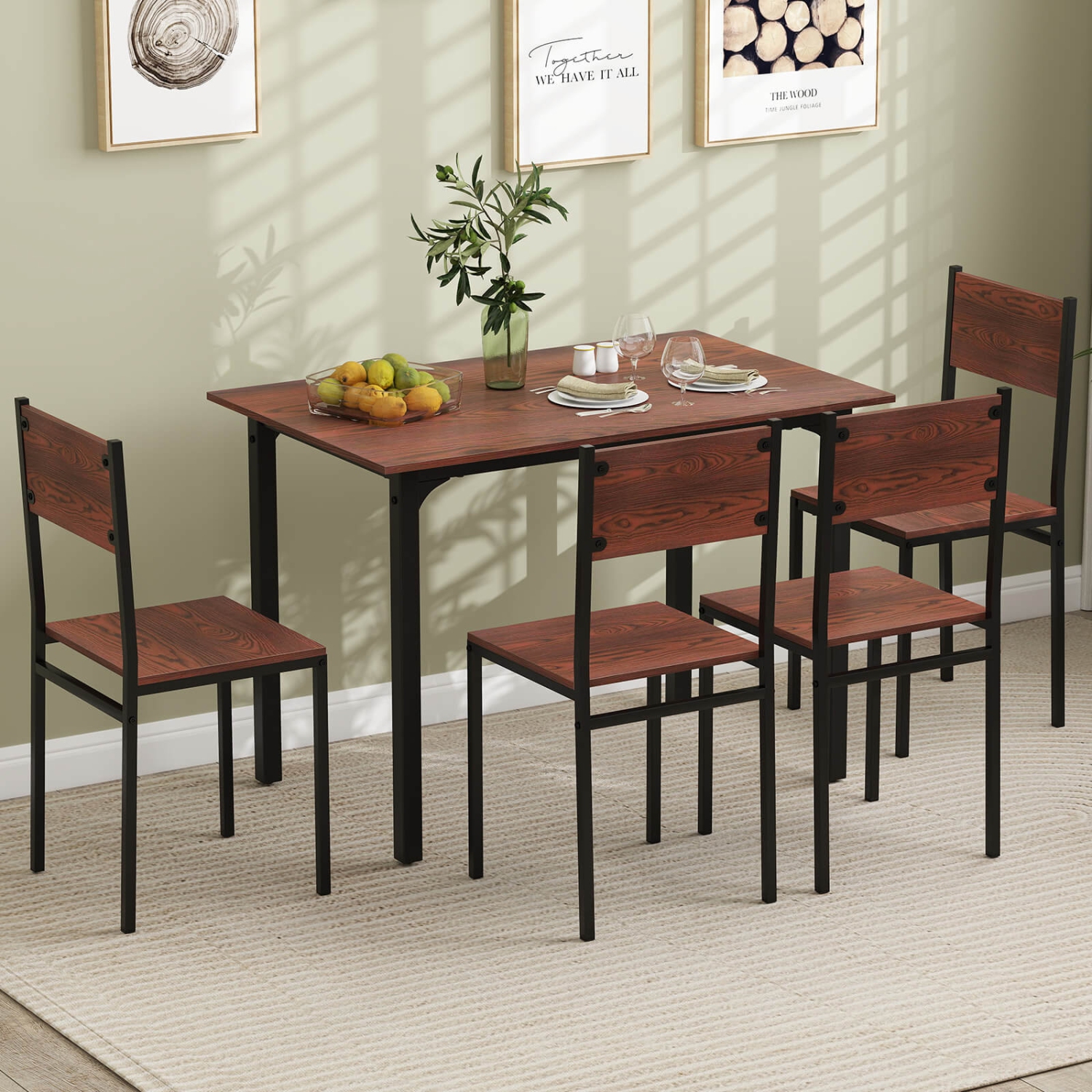 Costway 5 PCS Dining Table Set Industrial Style Kitchen Table & Chairs for 4 Gray Gray/Brown