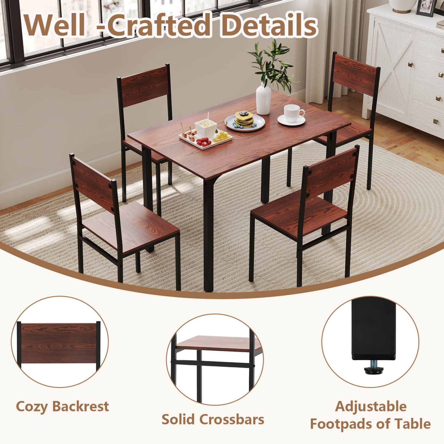 Costway 5 PCS Dining Table Set Industrial Style Kitchen Table & Chairs for 4 Gray Gray/Brown