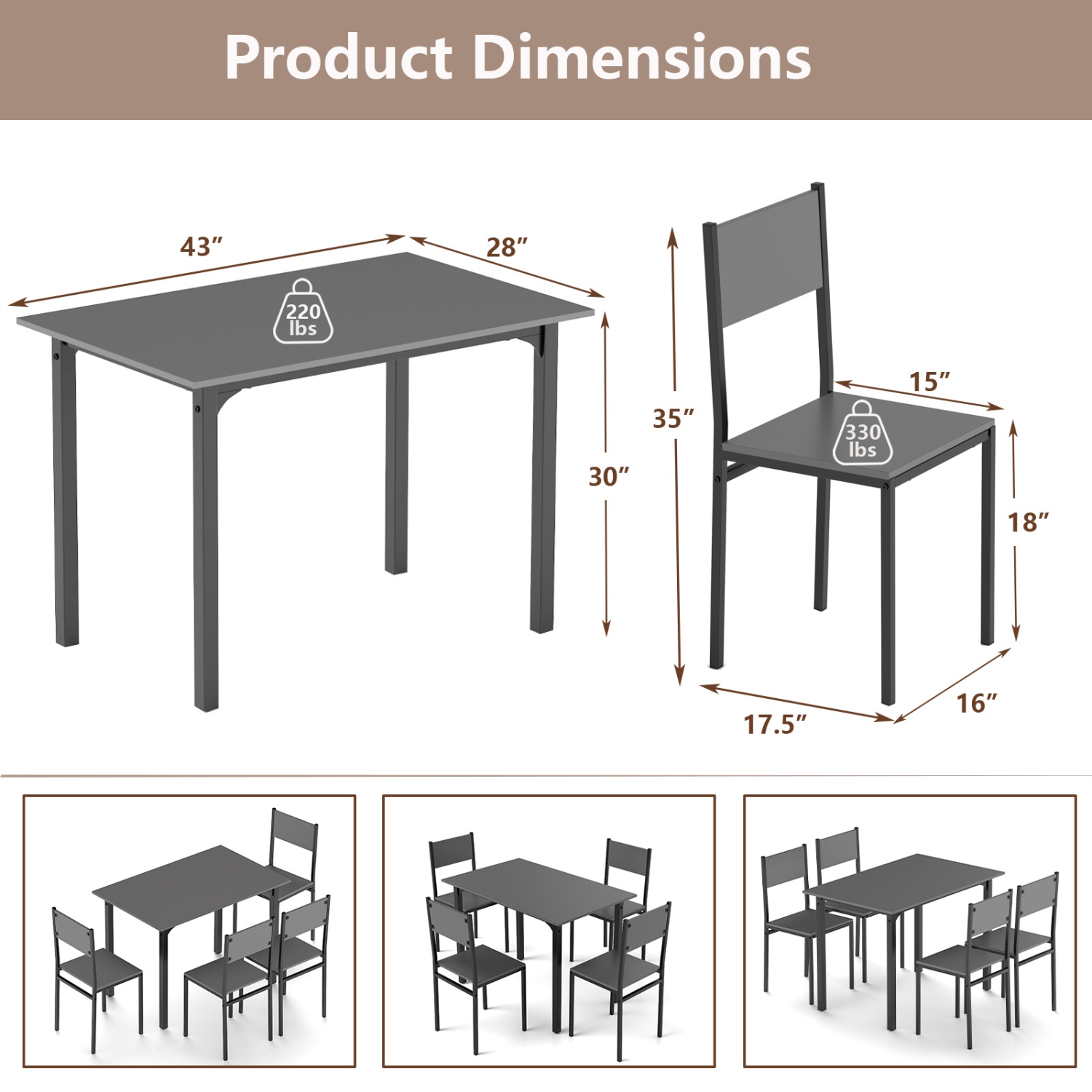 Costway 5 PCS Dining Table Set Industrial Style Kitchen Table & Chairs for 4 Gray Gray/Brown