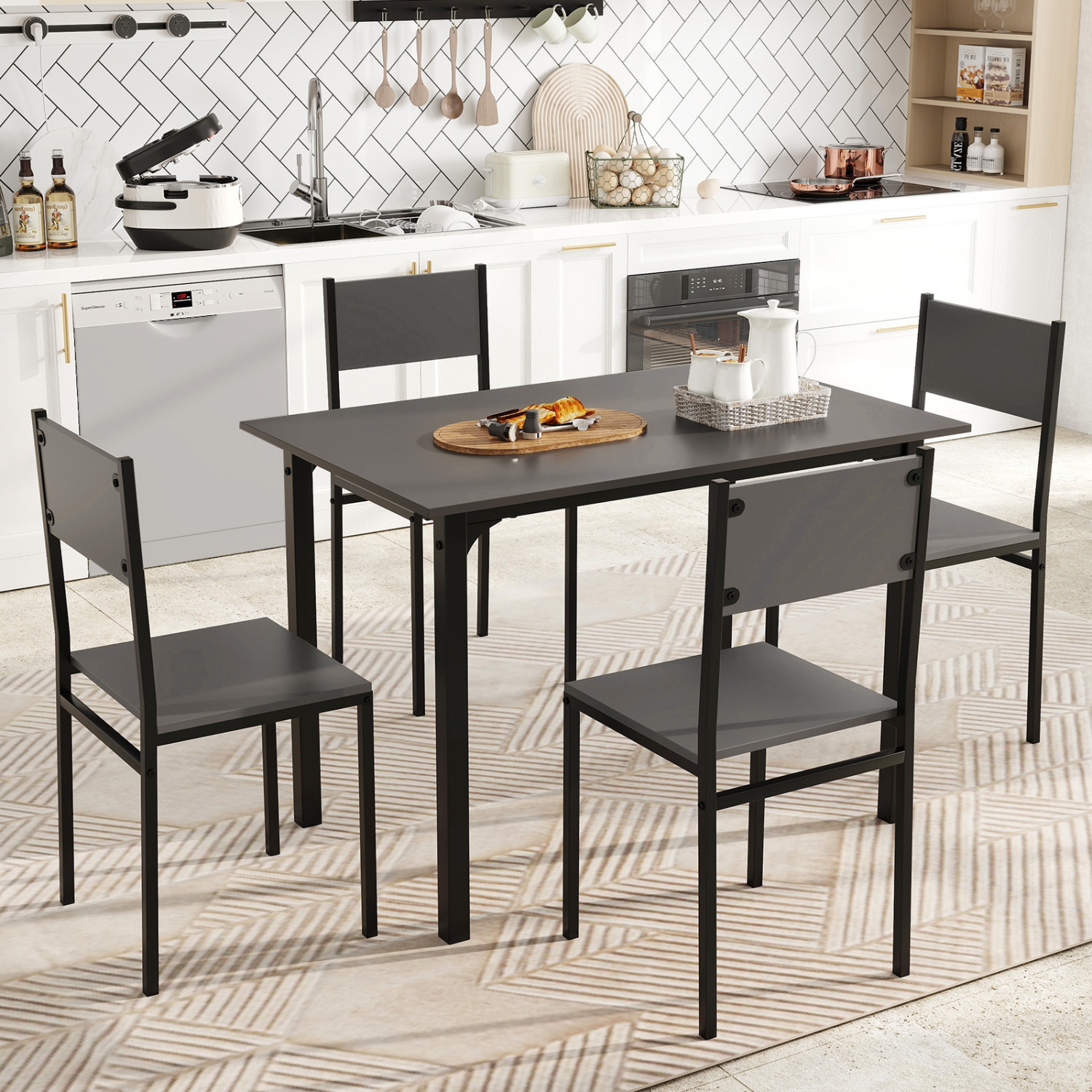 Costway 5 PCS Dining Table Set Industrial Style Kitchen Table & Chairs for 4 Gray Gray/Brown