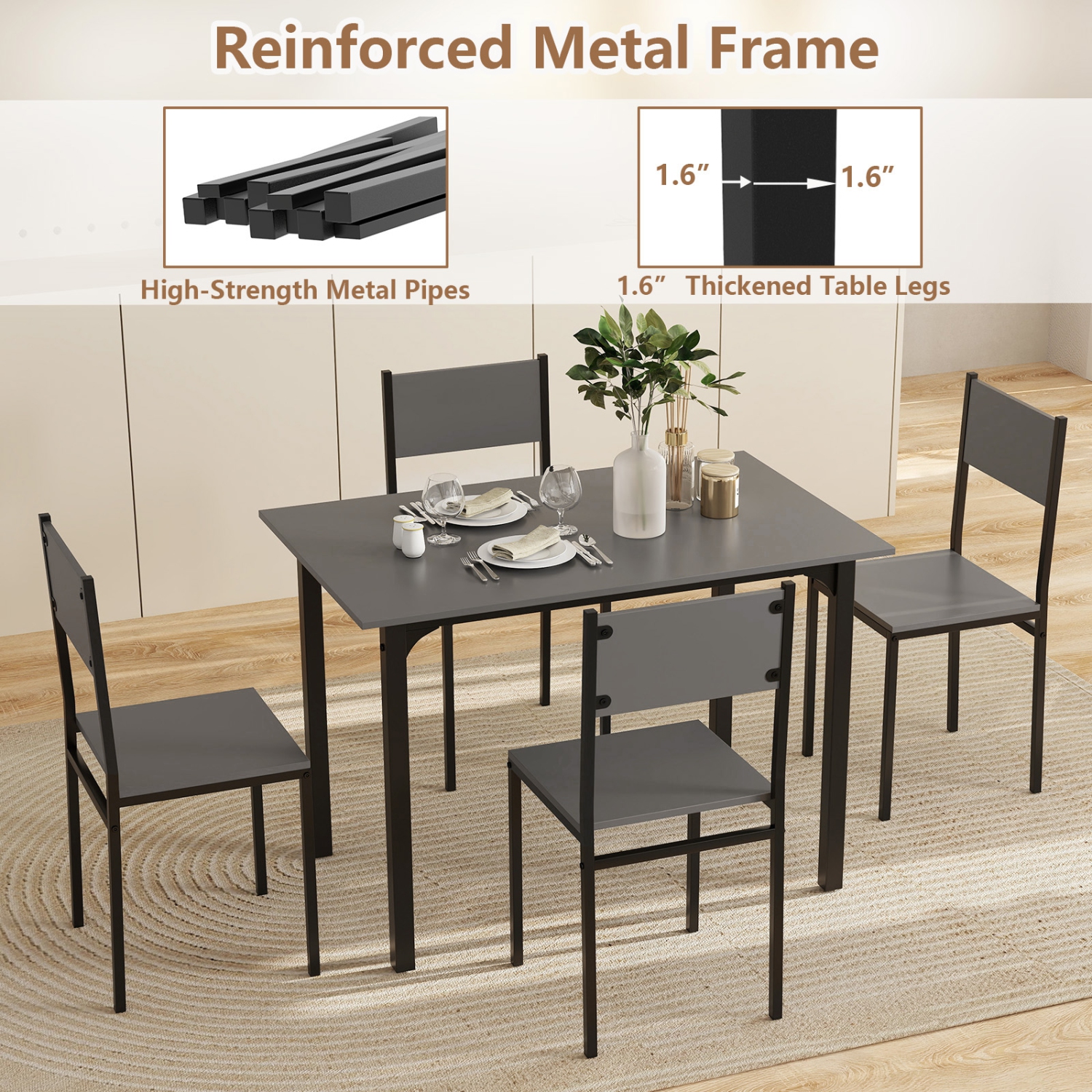 Costway 5 PCS Dining Table Set Industrial Style Kitchen Table & Chairs for 4 Gray Gray/Brown