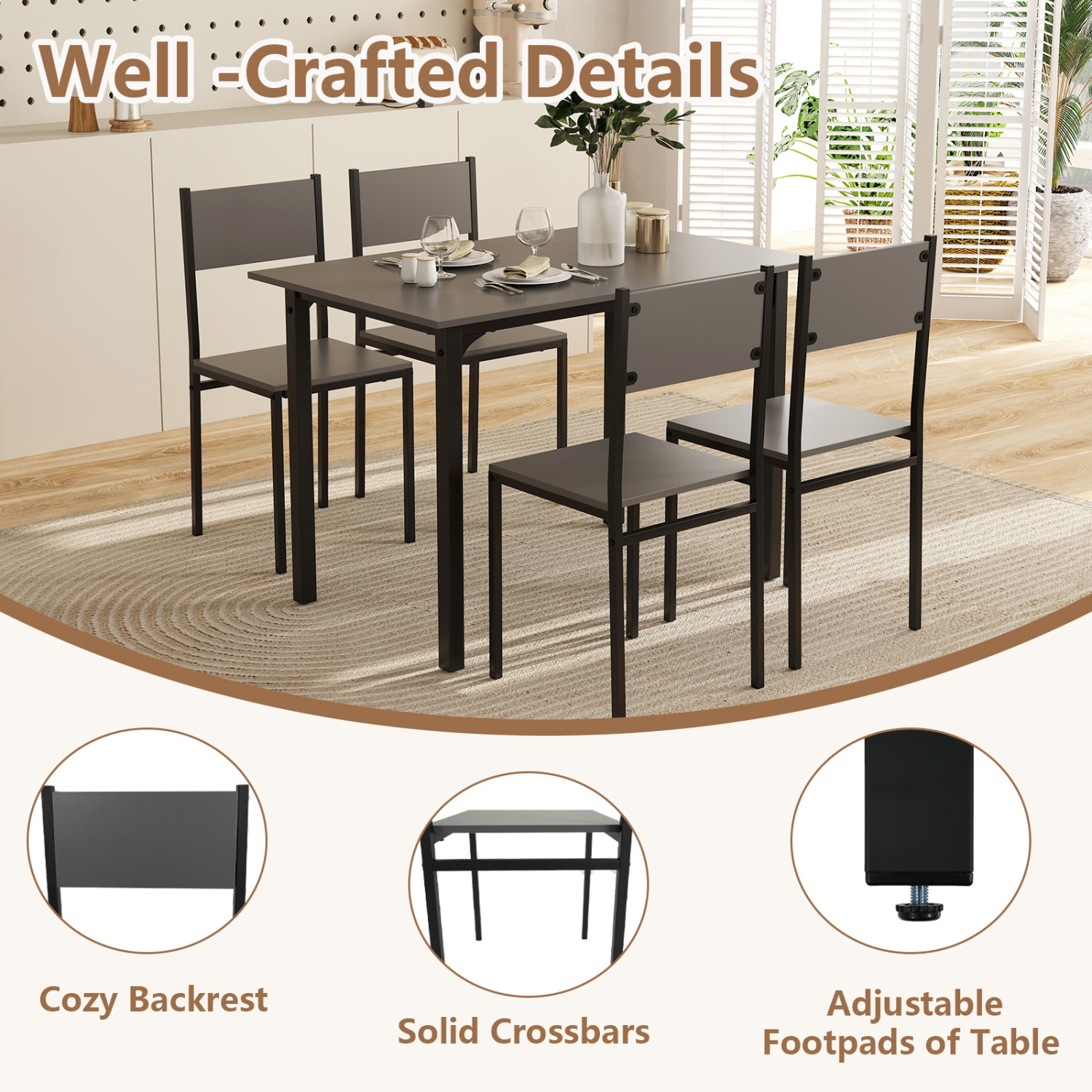 Costway 5 PCS Dining Table Set Industrial Style Kitchen Table & Chairs for 4 Gray Gray/Brown