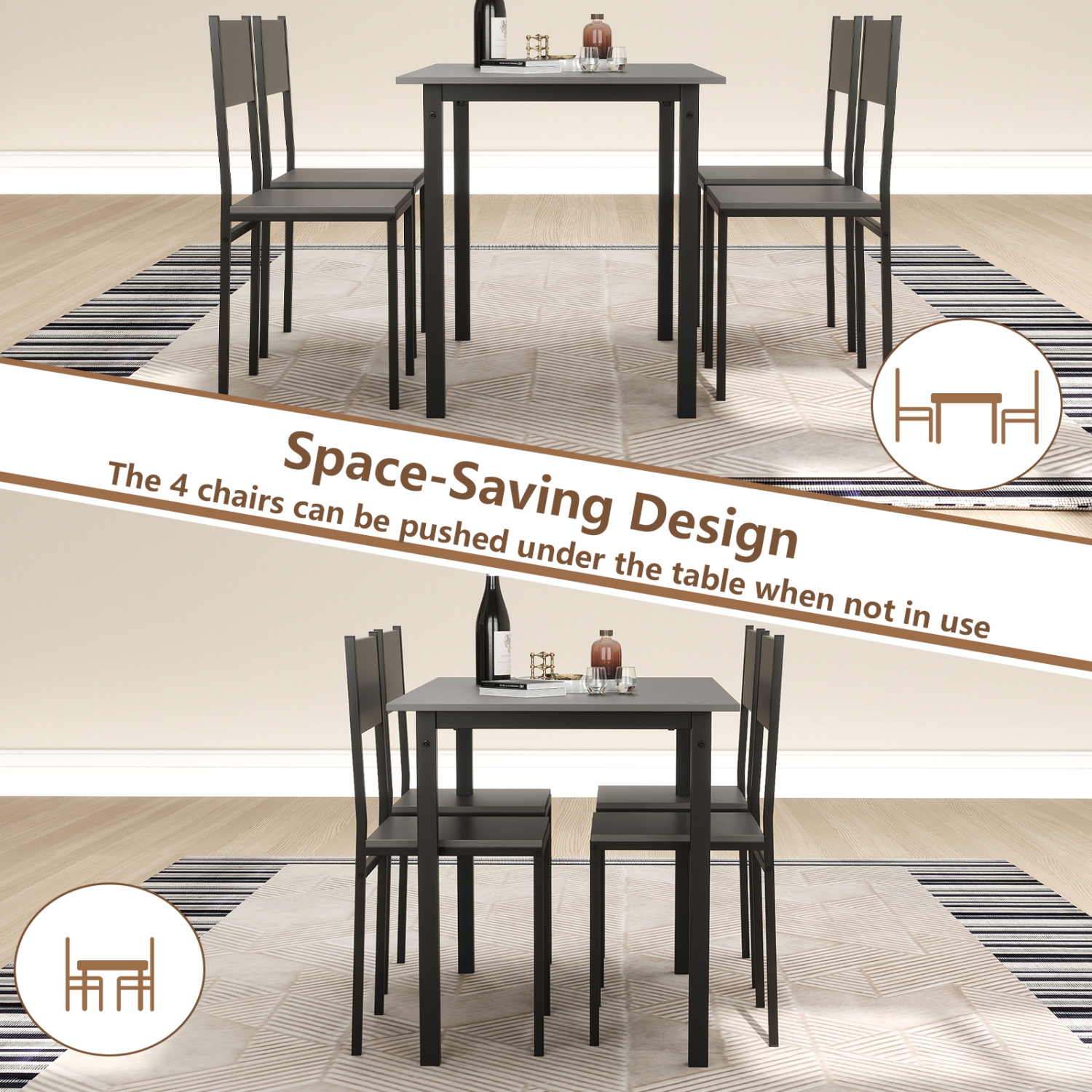 Costway 5 PCS Dining Table Set Industrial Style Kitchen Table & Chairs for 4 Gray Gray/Brown