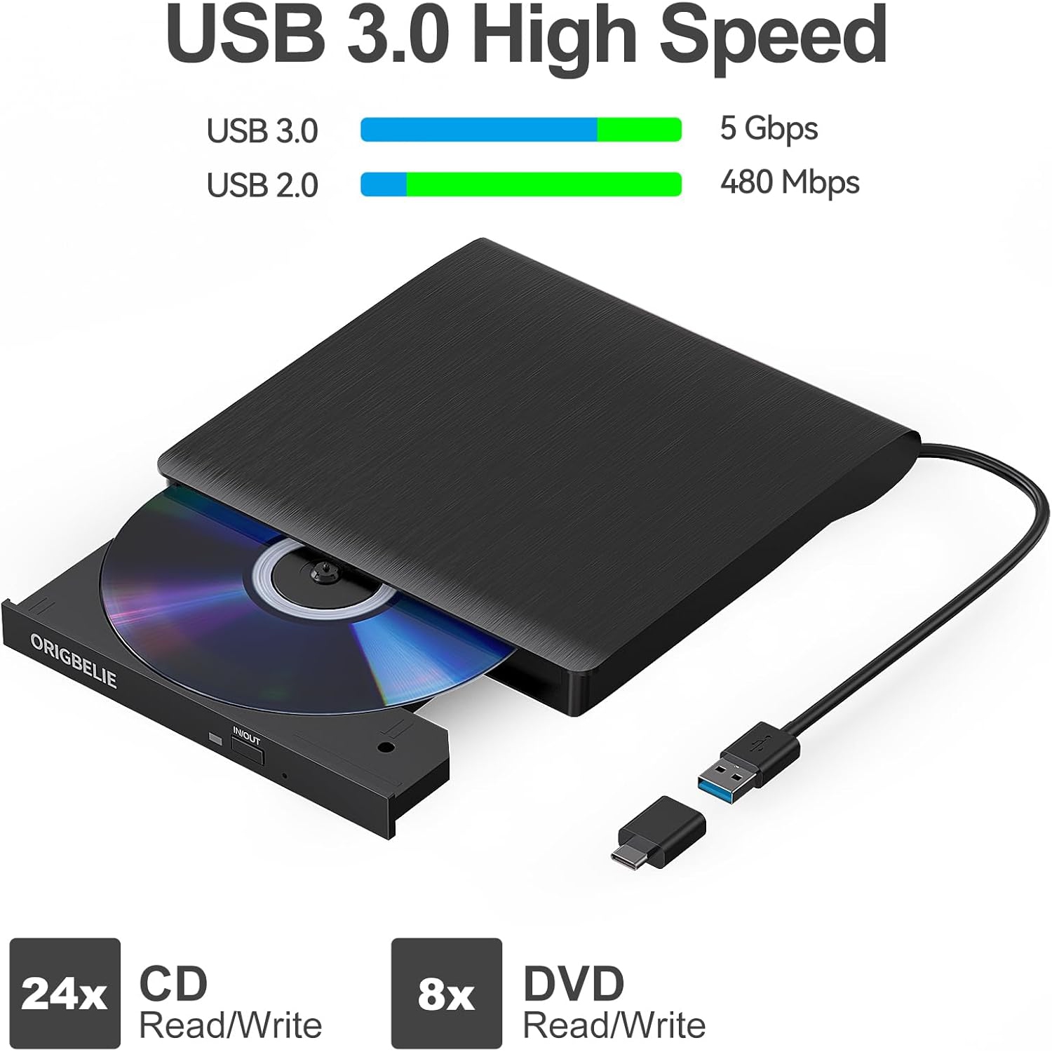 Lecteur de CD DVD +/-RW externe USB 3,0 de type C, lecteur CD/DVD portatif Lecteur CD-ROM pour ordinateur portatif de bureau iMac MacBook Pro/Air