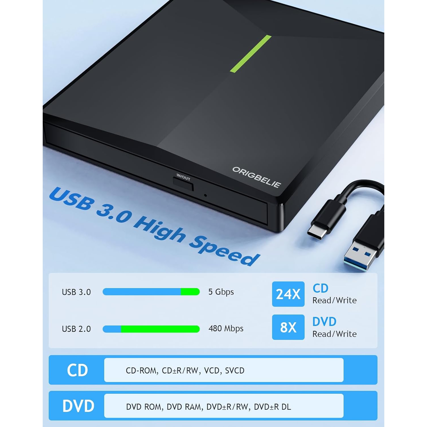 External CD DVD +/-RW Drive USB 3.0 Type C, Portable CD/DVD Player CD ROM Disk Drive for Laptop Desktop PC iMac MacBook Pro/Air Windows /XP Linux Mac