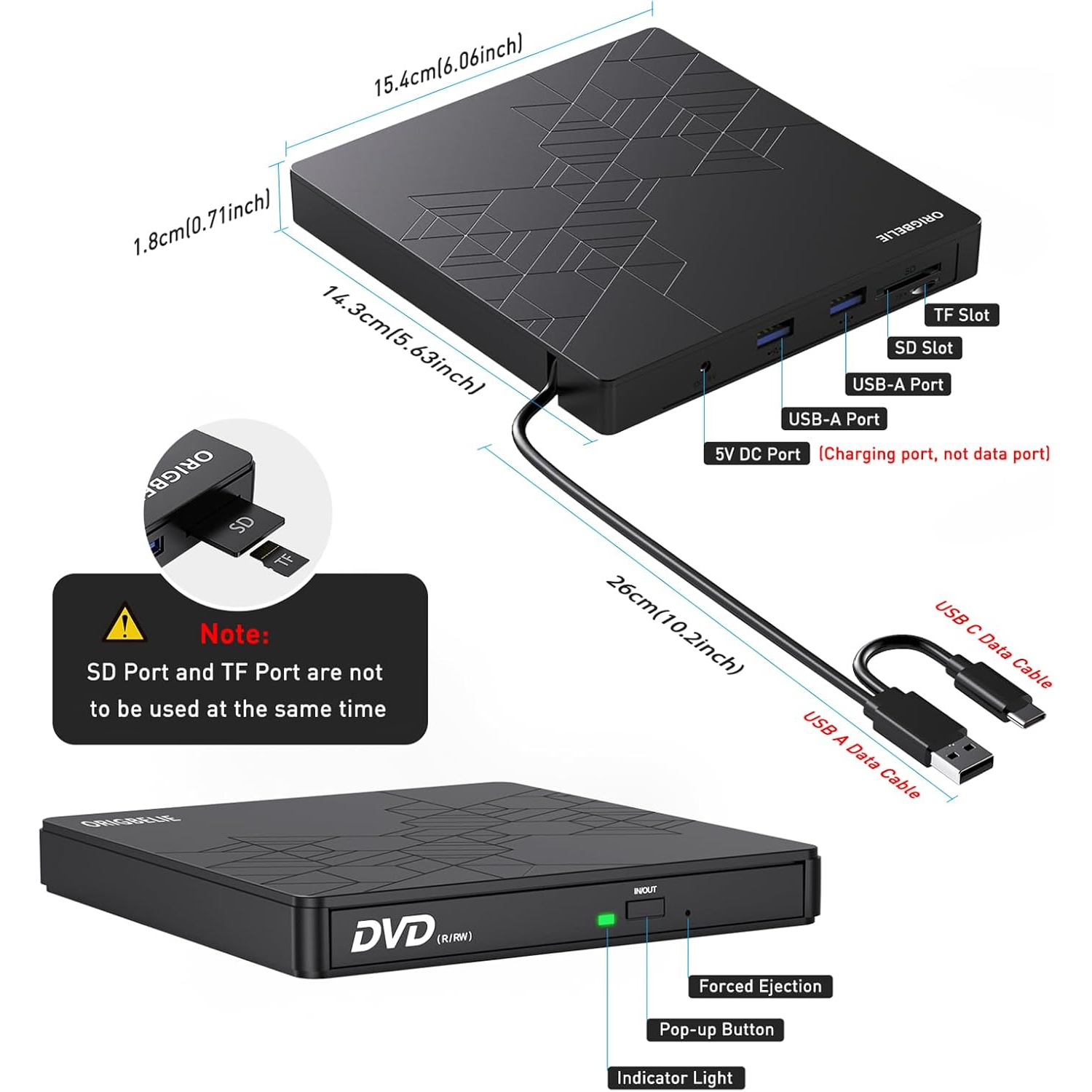 External CD DVD +/-RW Drive USB 3.0 Type C, Portable CD/DVD Player CD ROM Disk Drive for Laptop Desktop PC iMac MacBook Pro/Air Windows /XP Linux Mac