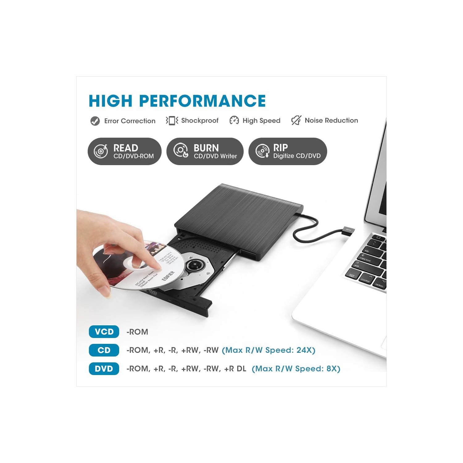 Lecteur de CD DVD +/-RW externe avec étui de transport, CD-ROM portatif USB 3,0 DVD pour ordinateur portatif PC Windows 11/10/8/7, Mac MacBook