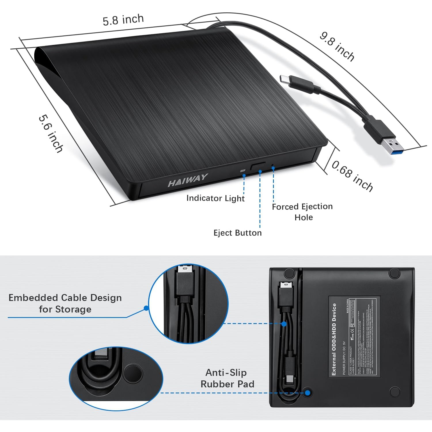 External DVD Drive, USB 3.0 Type-C CD Burner Portable CD DVD +/-RW Optical Drive CD/DVD Player Writer Reader for Laptop Desktop MacBook PC Windows