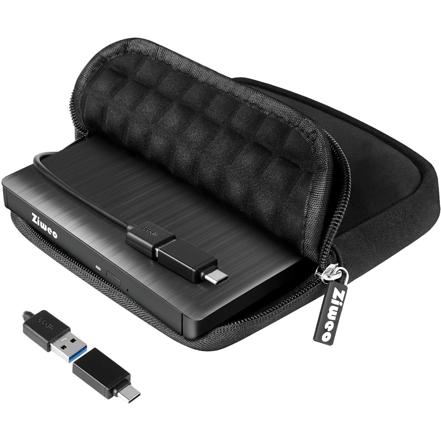 Portable CD +/-RW Drive DVD Player, External DVD Drive USB 3.0 Type-C CD Burner compatible with Laptop Desktop PC Windows MacBook Linux Mac OS, Black + Case