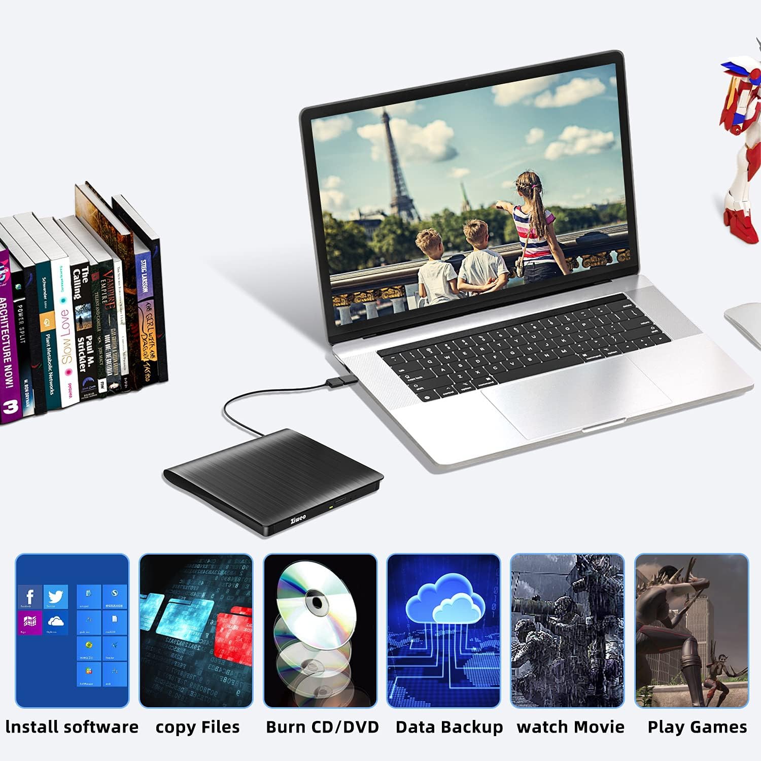 Lecteur CD +/-RW portatif Lecteur DVD, lecteur DVD externe USB 3,0 Type-C Graveur CD compatible avec ordinateur portable de bureau Windows MacBook