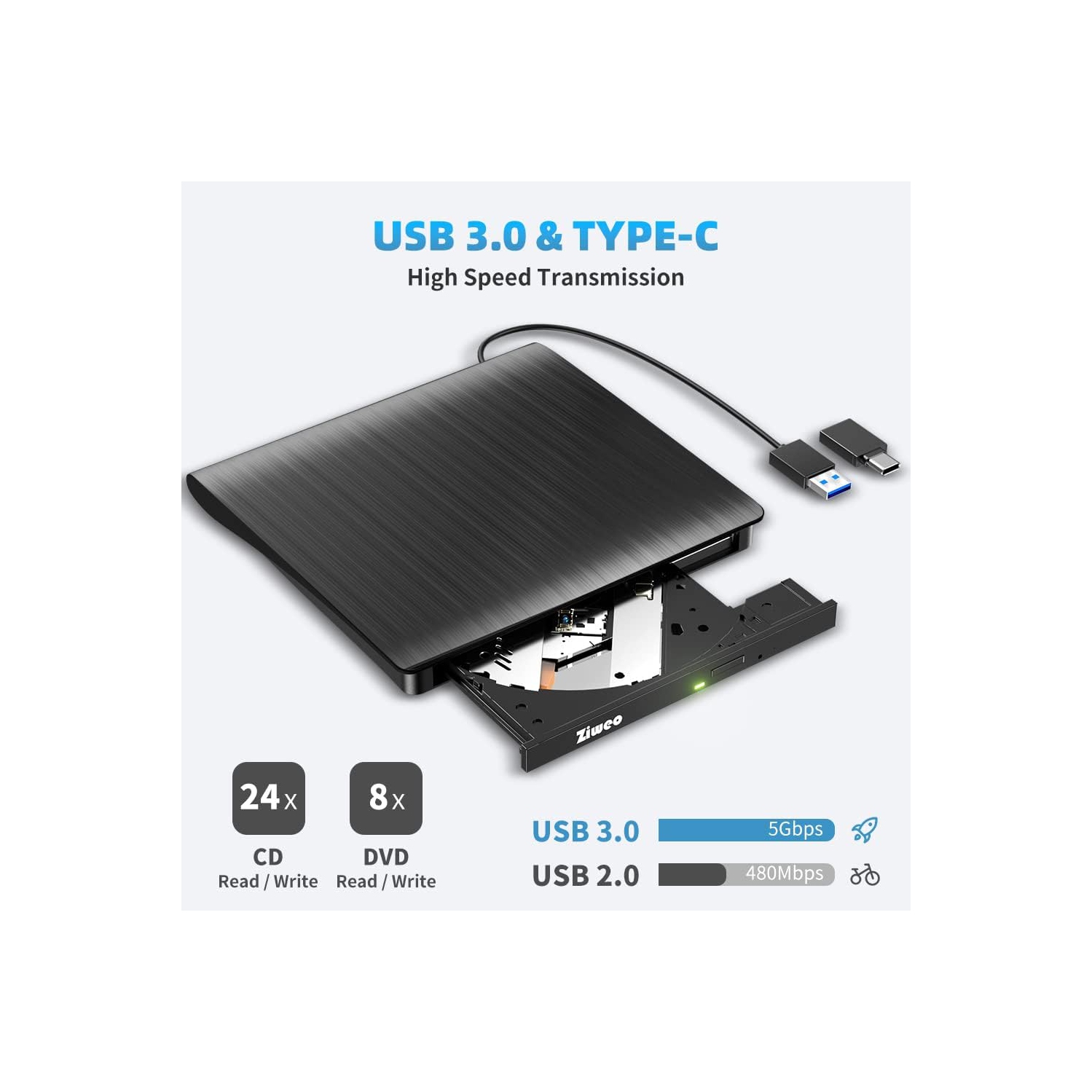 Lecteur CD +/-RW portatif Lecteur DVD, lecteur DVD externe USB 3,0 Type-C Graveur CD compatible avec ordinateur portable de bureau Windows MacBook