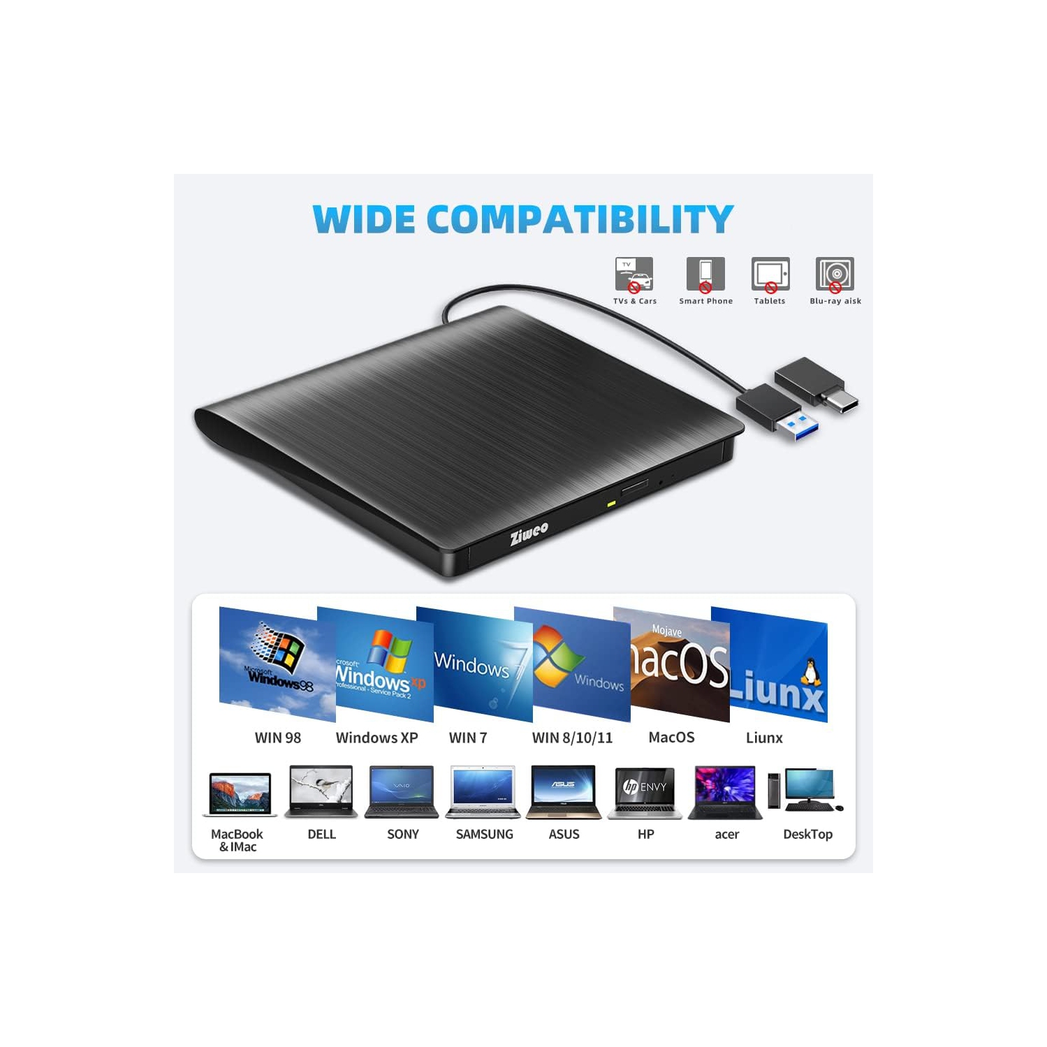 Lecteur CD +/-RW portatif Lecteur DVD, lecteur DVD externe USB 3,0 Type-C Graveur CD compatible avec ordinateur portable de bureau Windows MacBook