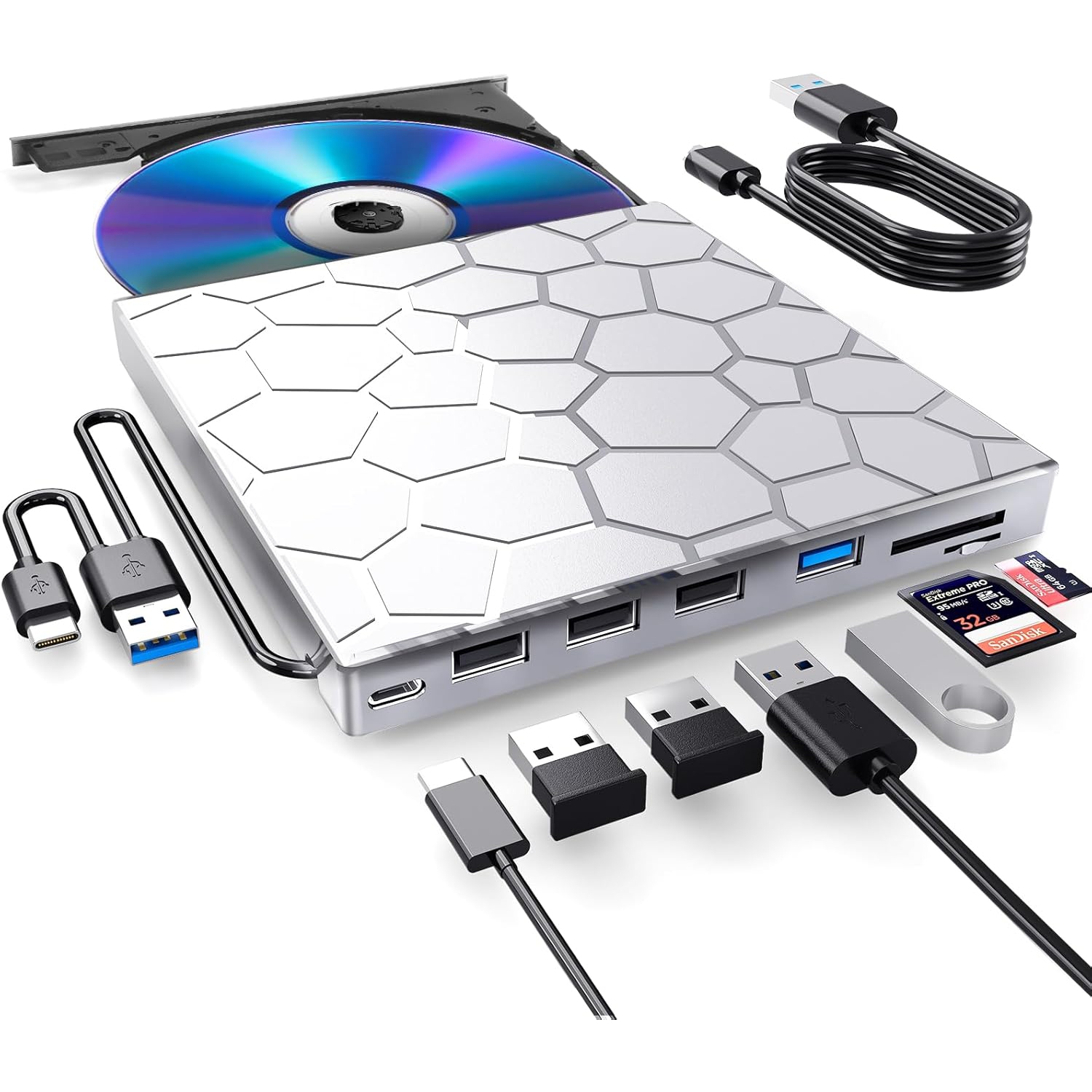 8 in 1 USB 3.0 Ultra-Slim Portable DVD Player for Laptop, External CD/DVD Drive for Laptop, CD ROM compatible with Desktop PC Mac Windows Mac Linux OS
