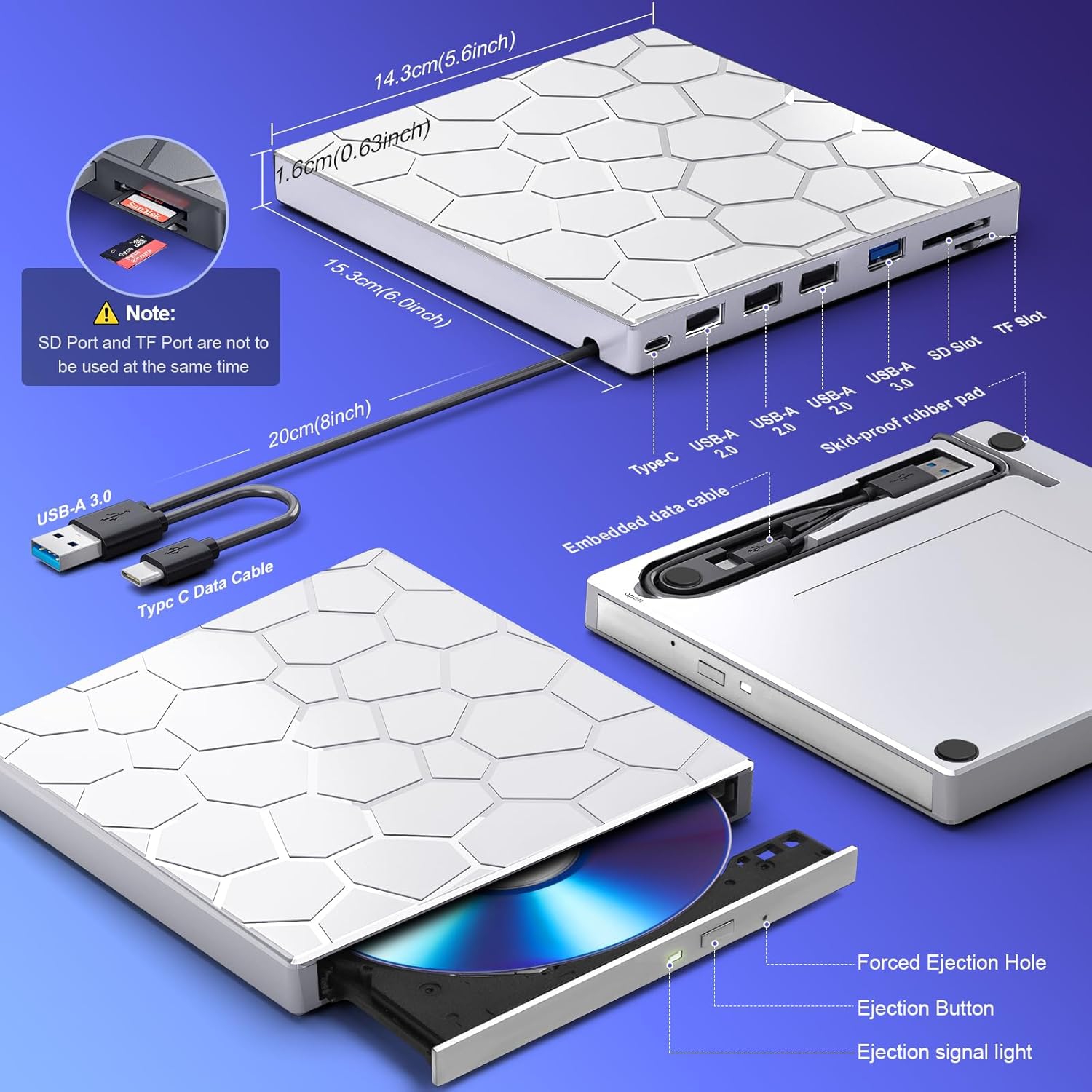 8 in 1 USB 3.0 Ultra-Slim Portable DVD Player for Laptop, External CD/DVD Drive for Laptop, CD ROM compatible with Desktop PC Mac Windows Mac Linux OS