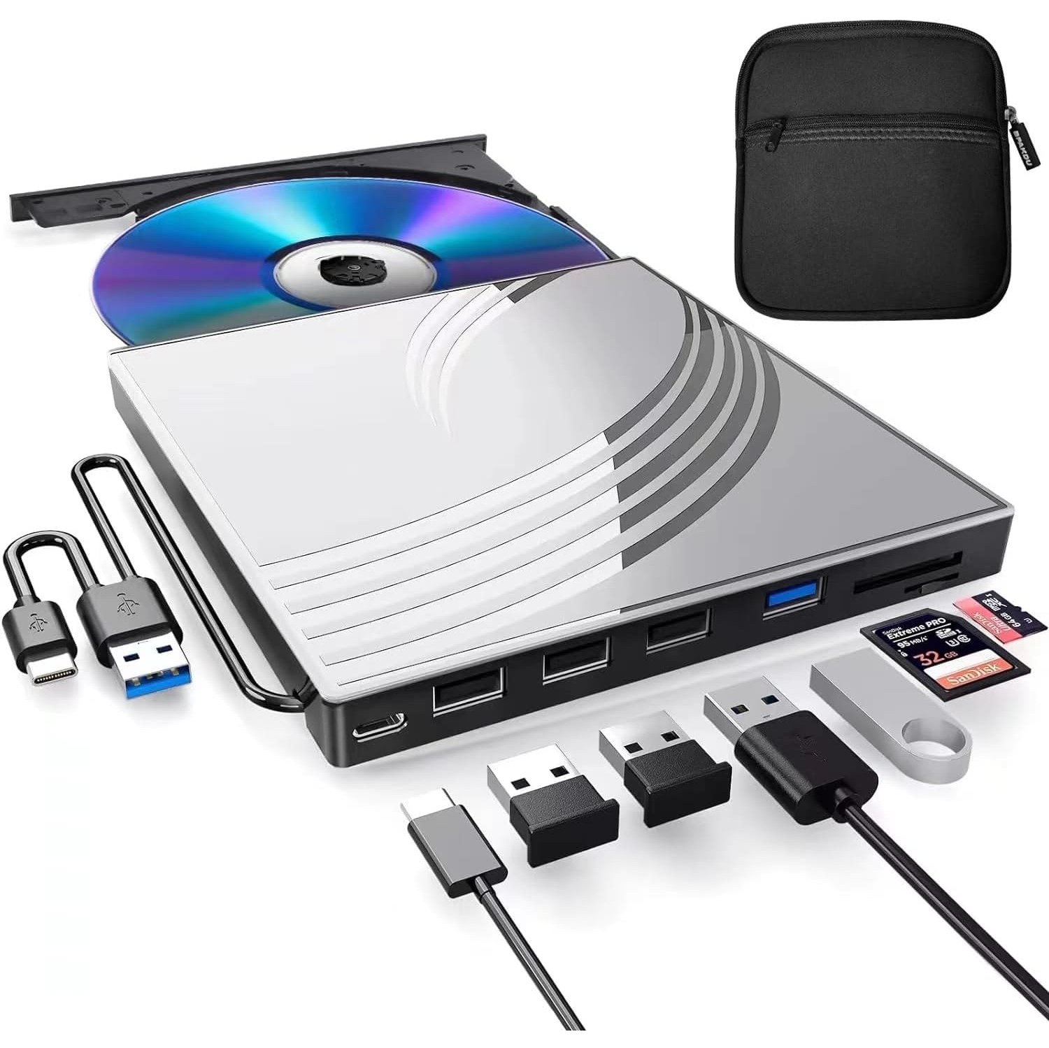 8 in 1 USB 3.0 Ultra-Slim Portable DVD Player for Laptop, External CD/DVD Drive for Laptop, CD ROM Disk Drive Optical Compatible with Desktop PC Mac Windows Mac Linux OS
