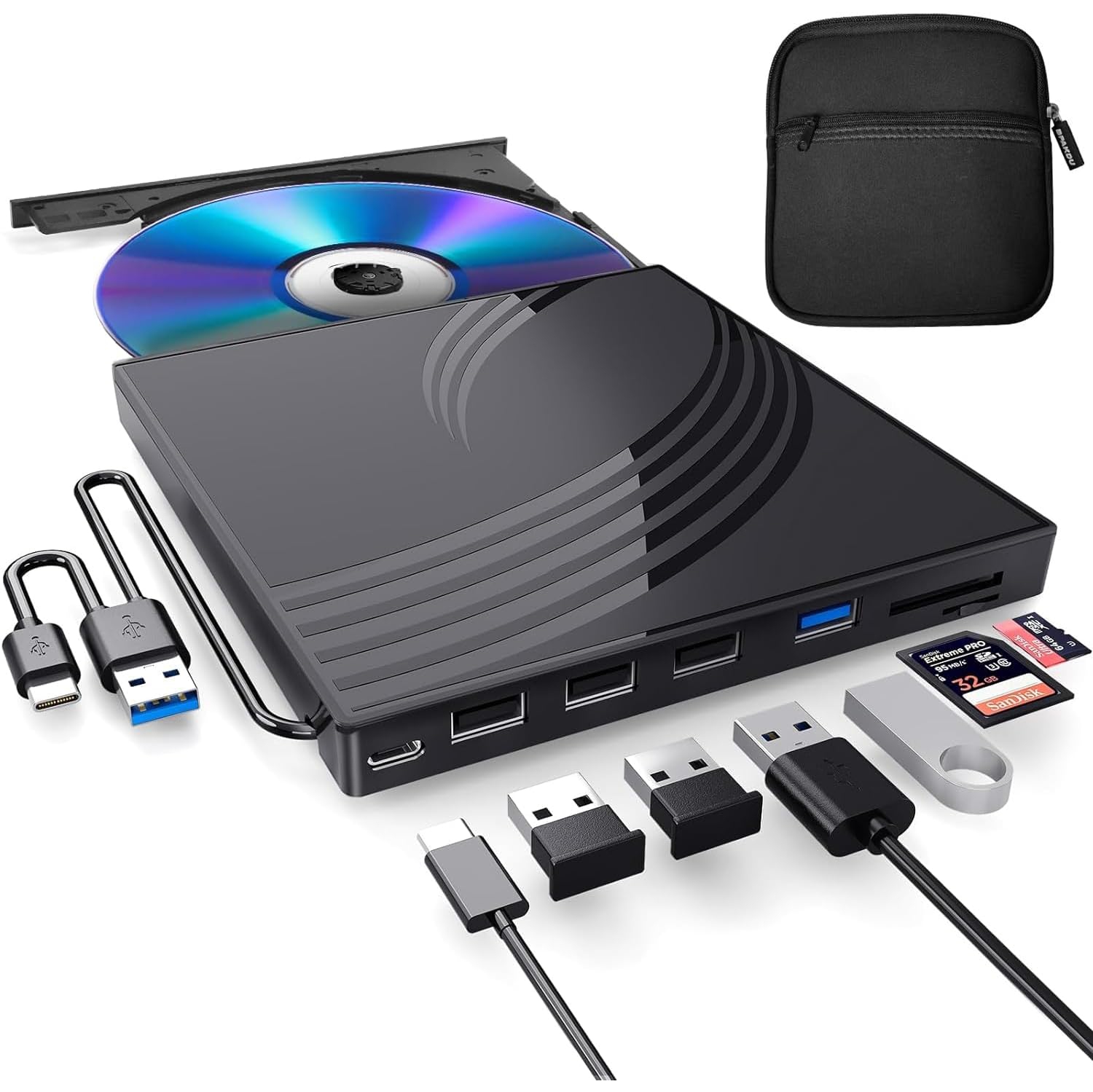8 in 1 USB 3.0 Ultra-Slim Portable DVD Player for Laptop, External CD/DVD Drive, CD ROM Optical Compatible with Desktop PC Mac Windows Mac Linux OS