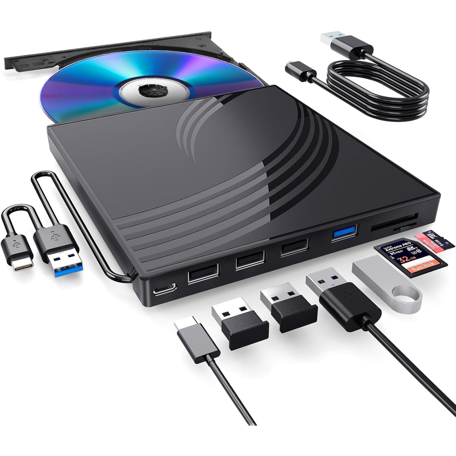 8 in 1 USB 3.0 Ultra-Slim Portable DVD Player for Laptop, External CD/DVD Drive for Laptop, CD ROM Drive Optical Compatible with Desktop PC Mac Windows Mac Linux OS