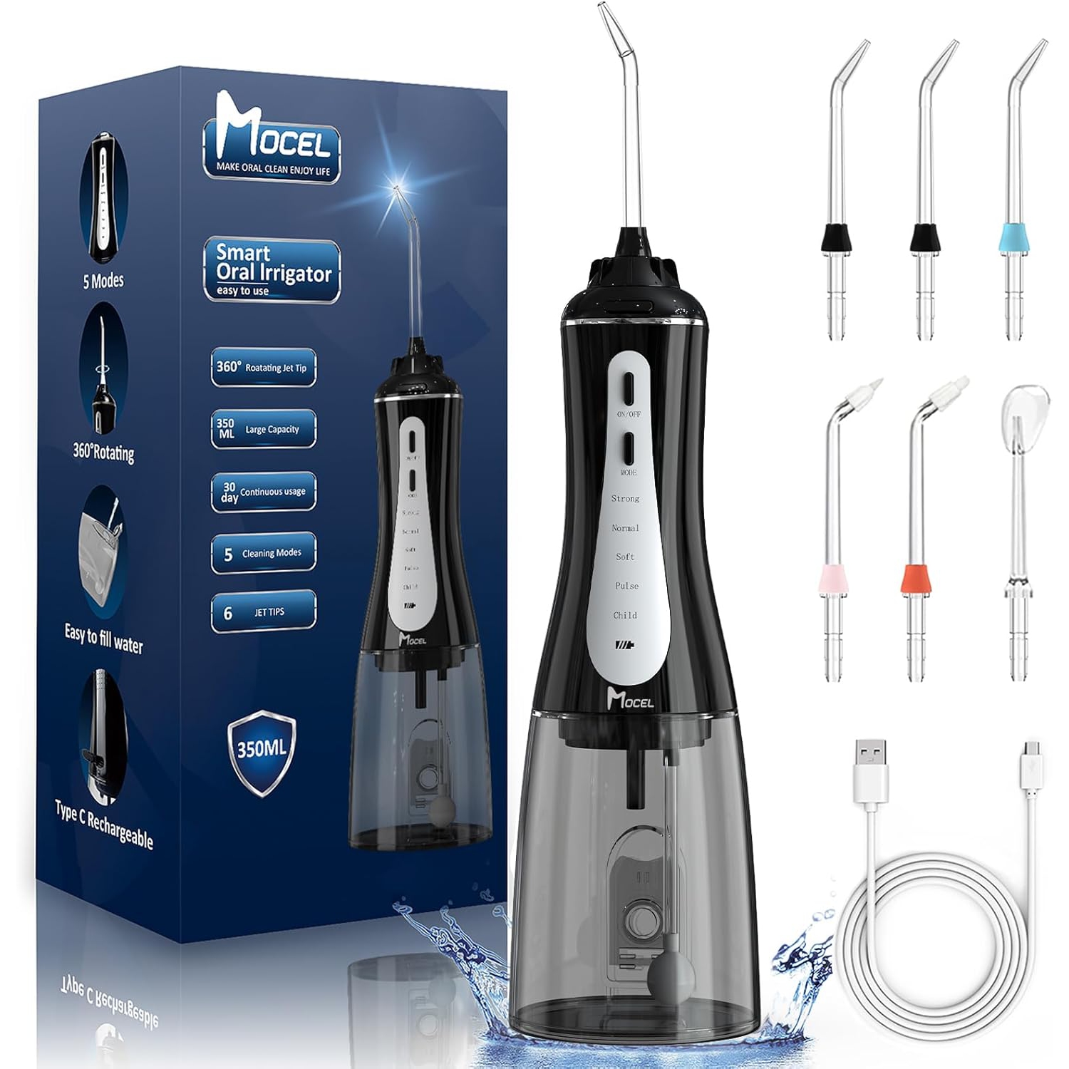 Hydropulseur à eau de Mocel - Nettoyage de dents sans fil, 5 modes, Irrigateur oral portatif de 350 ml, rechargeable USB-C, étanche IPX7, pour la