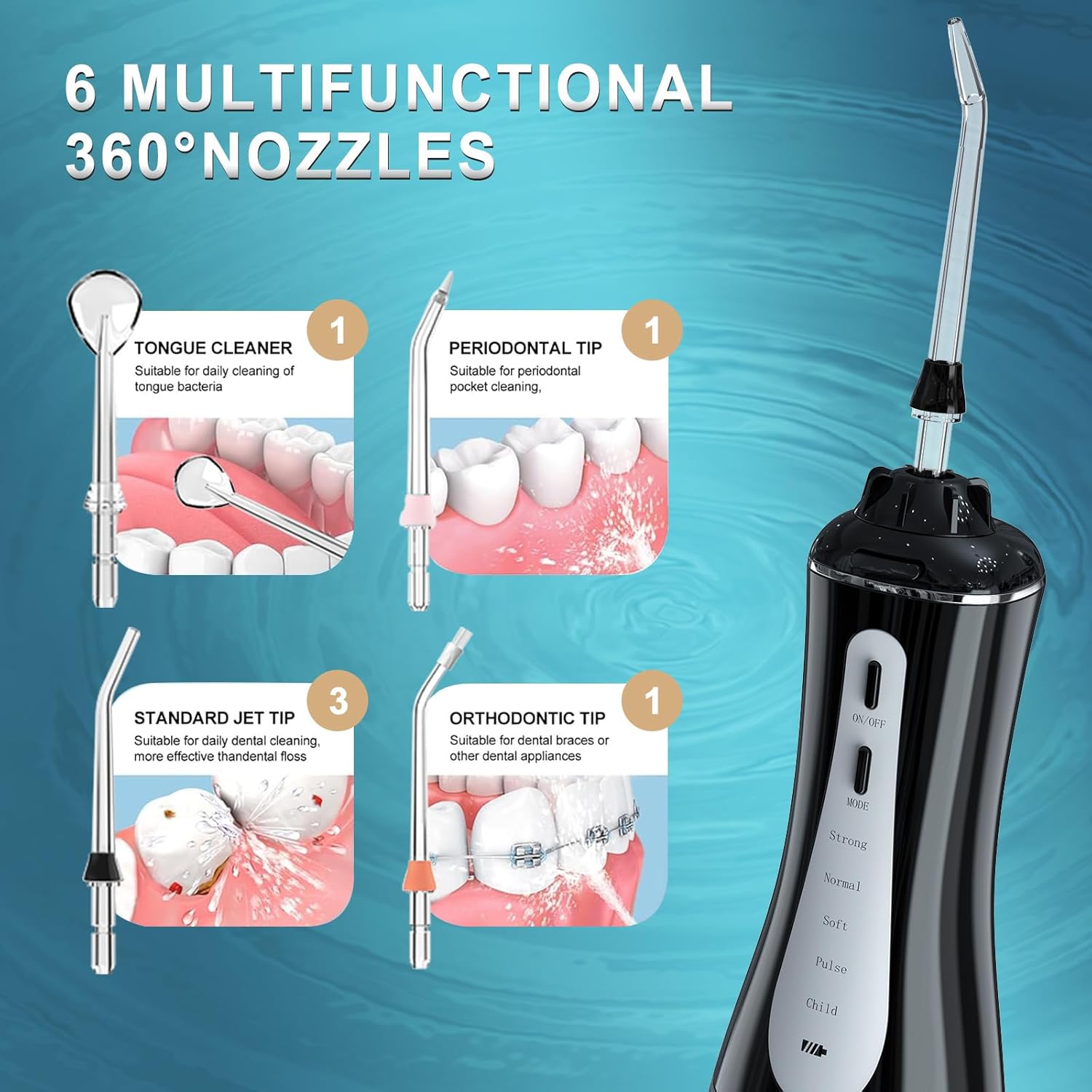 Hydropulseur à eau de Mocel - Nettoyage de dents sans fil, 5 modes, Irrigateur oral portatif de 350 ml, rechargeable USB-C, étanche IPX7, pour la