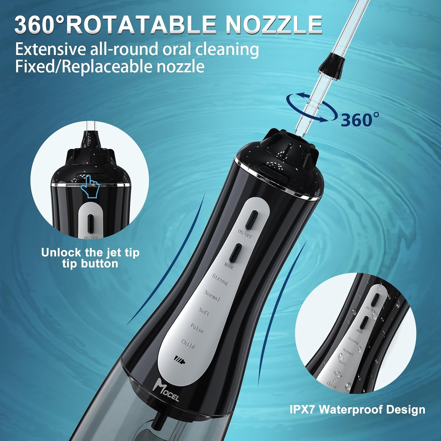 Hydropulseur à eau de Mocel - Nettoyage de dents sans fil, 5 modes, Irrigateur oral portatif de 350 ml, rechargeable USB-C, étanche IPX7, pour la