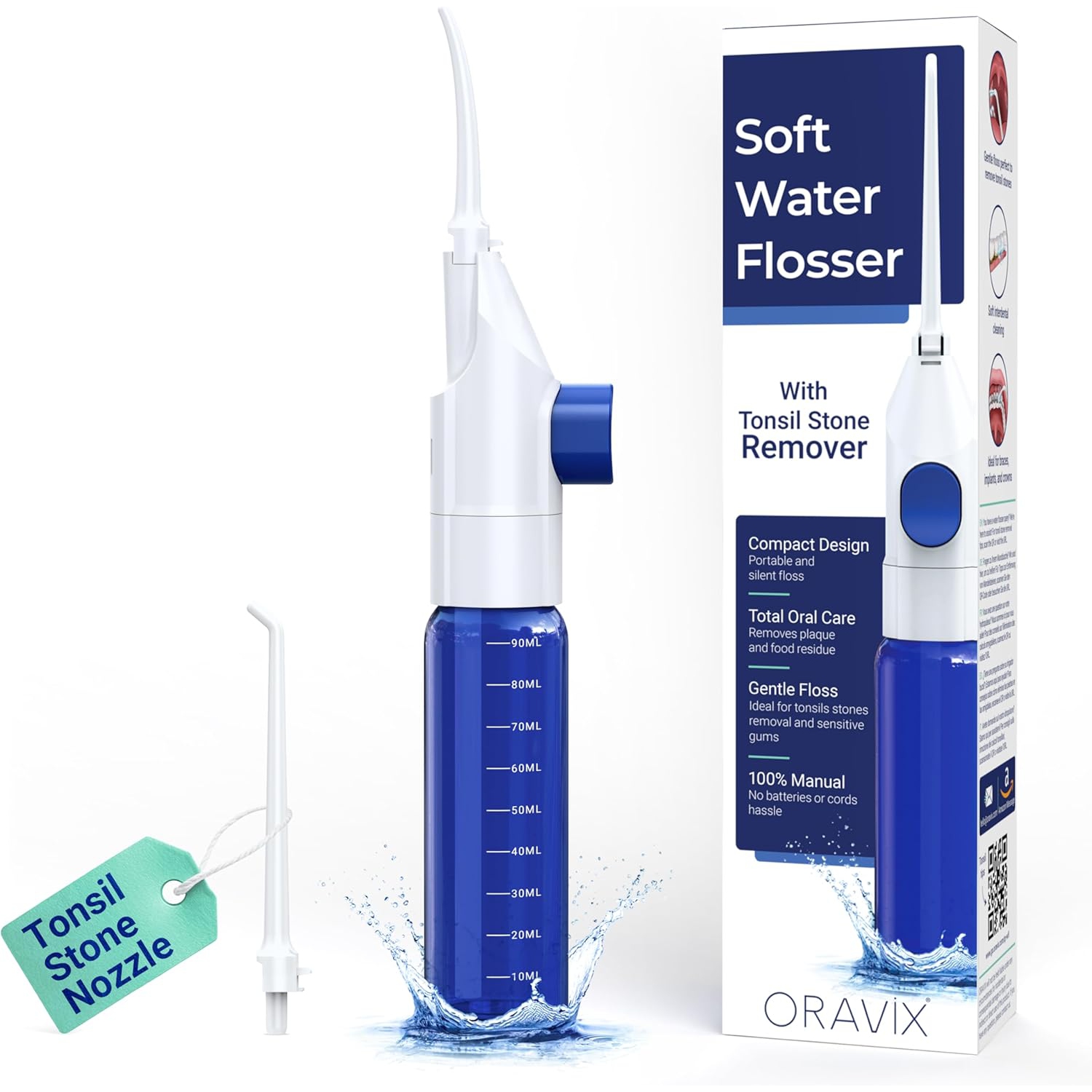 ORAVIX Manual Dental Water Flosser and Tonsil Stone Remover - Oral Irrigator for Sensitive Teeth and Gums