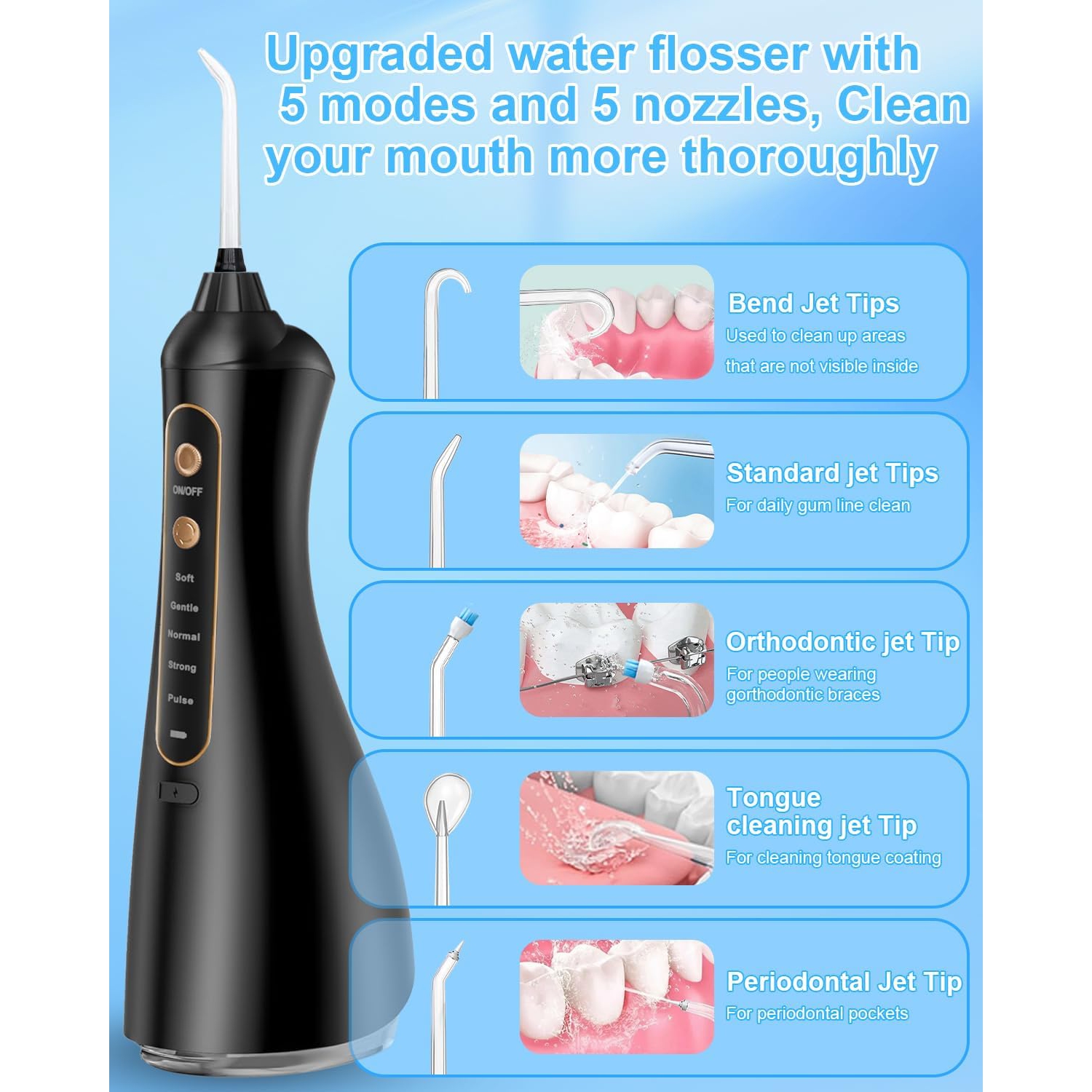 Hydropulseur dentaire sans fil BEDINI - 5 modes, étanche IPX7, nettoyeur de dents portatif