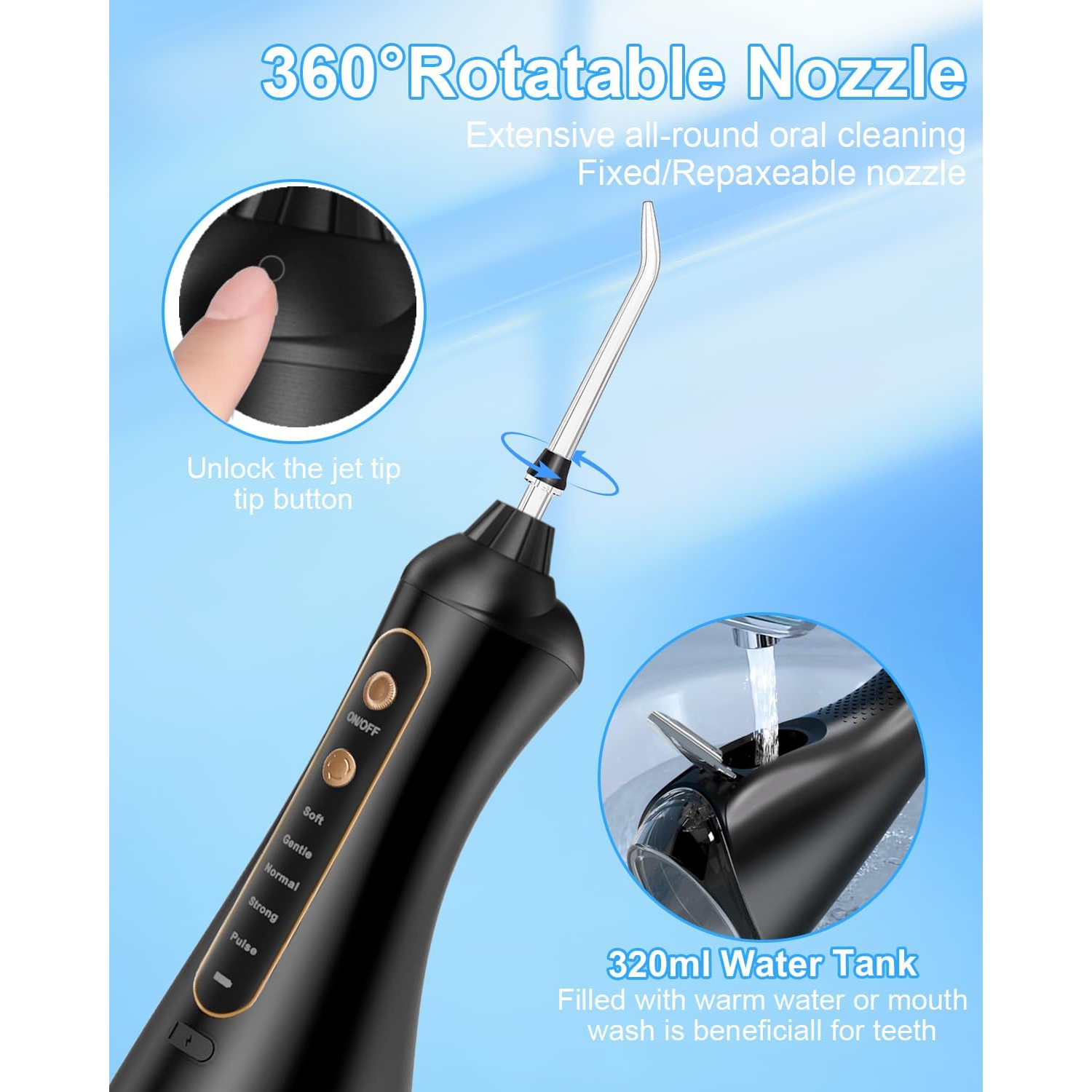 Hydropulseur dentaire sans fil BEDINI - 5 modes, étanche IPX7, nettoyeur de dents portatif