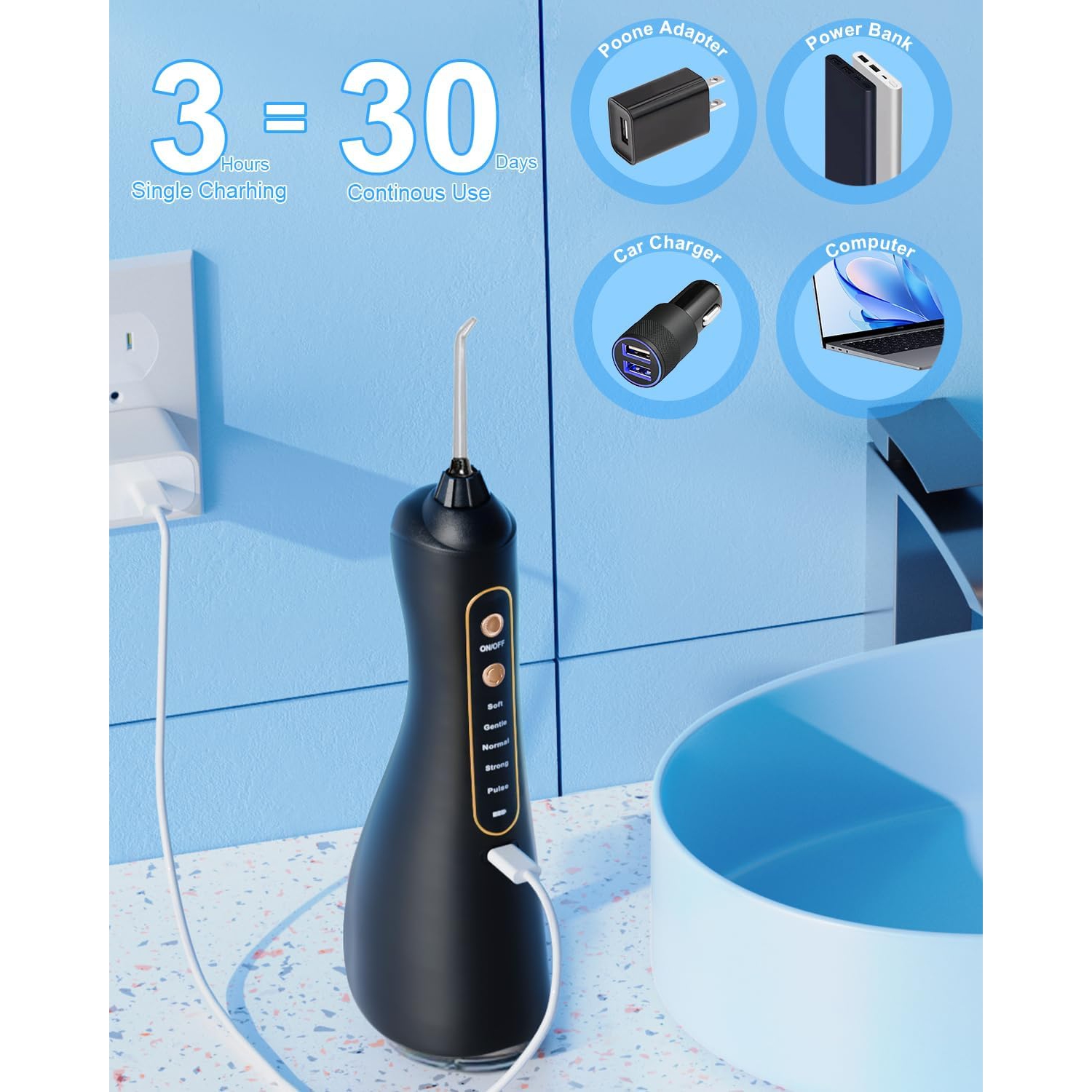 Hydropulseur dentaire sans fil BEDINI - 5 modes, étanche IPX7, nettoyeur de dents portatif