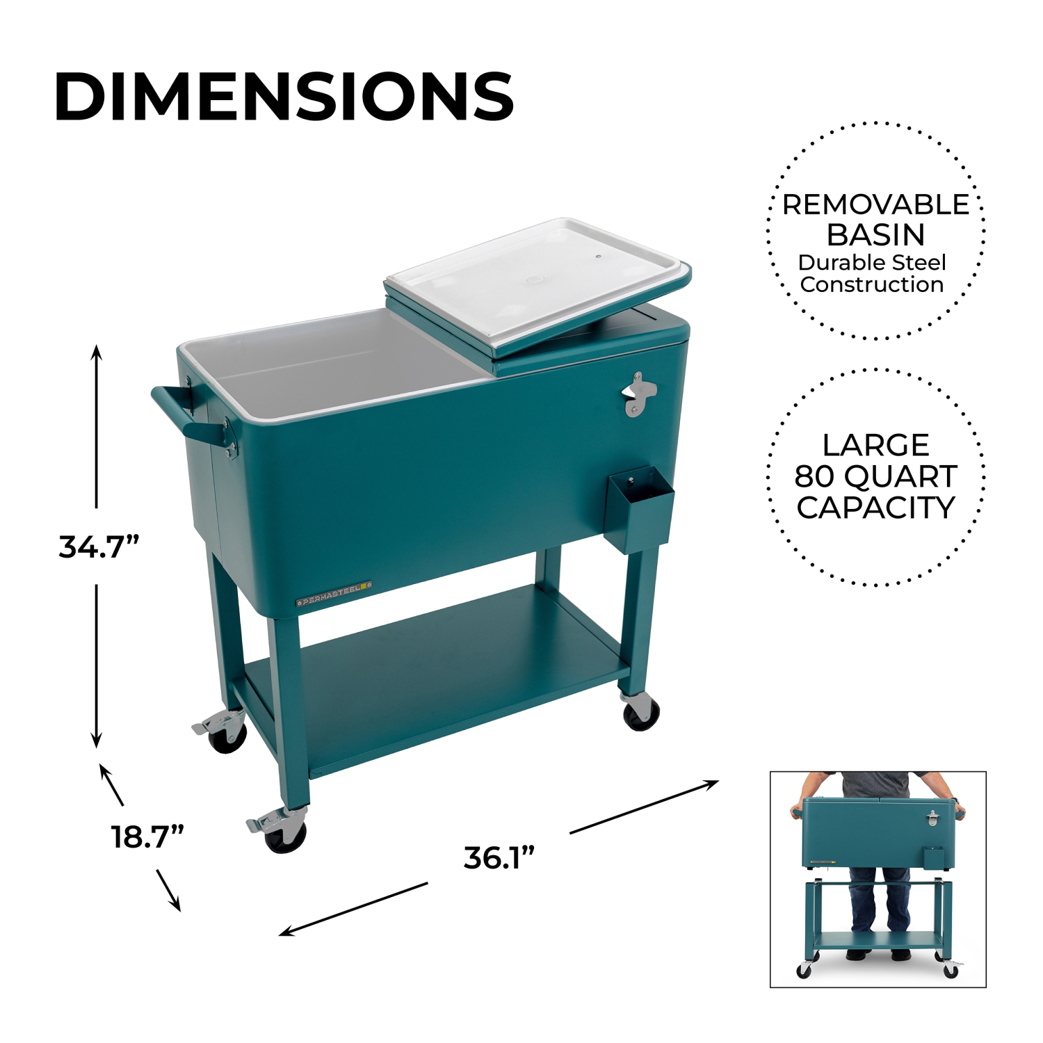Permasteel - 80QT Patio Cooler w/Removeable Basin - TEAL