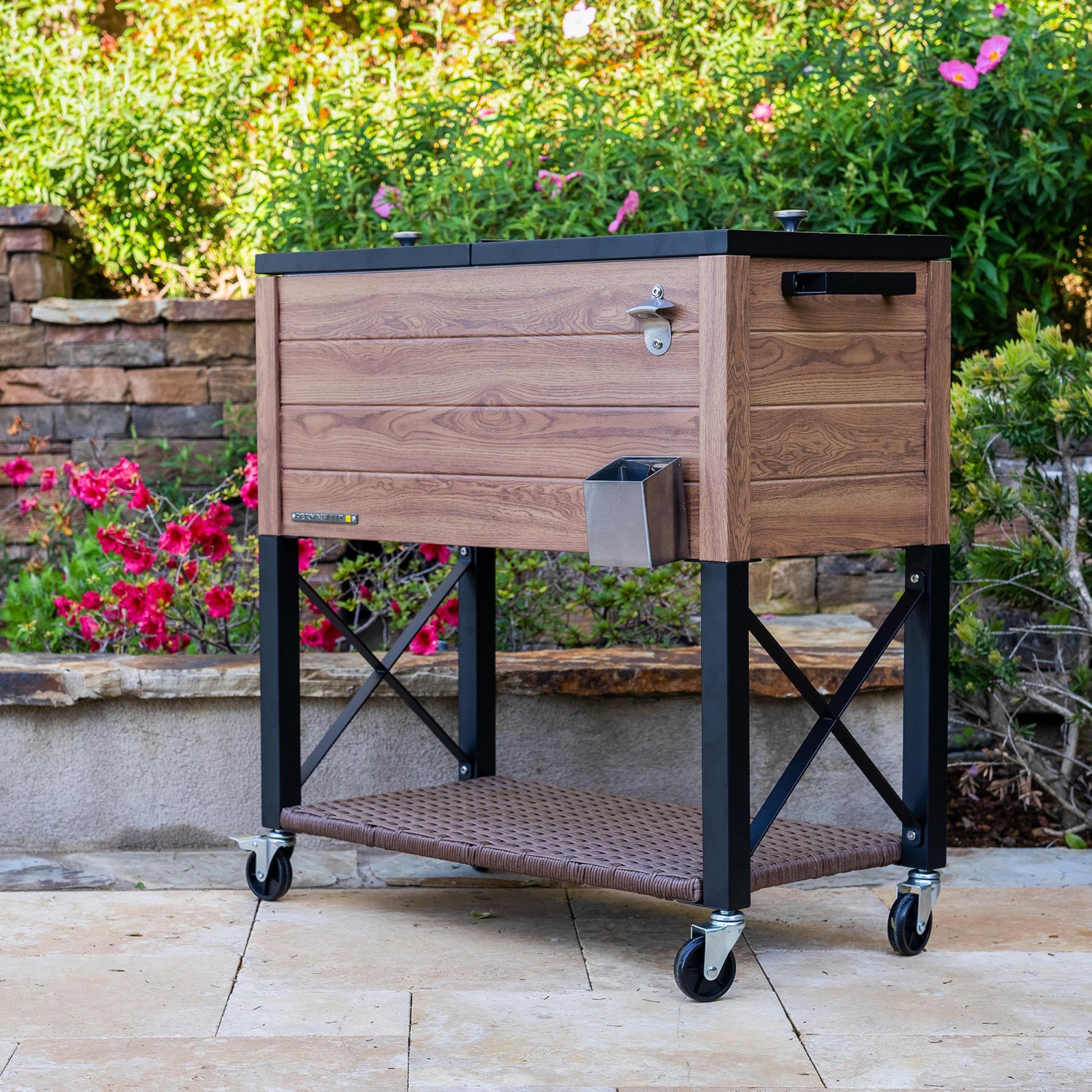 Permasteel - 80QT Rustic Wood Grain Patio Cooler w/Wicker Shelf