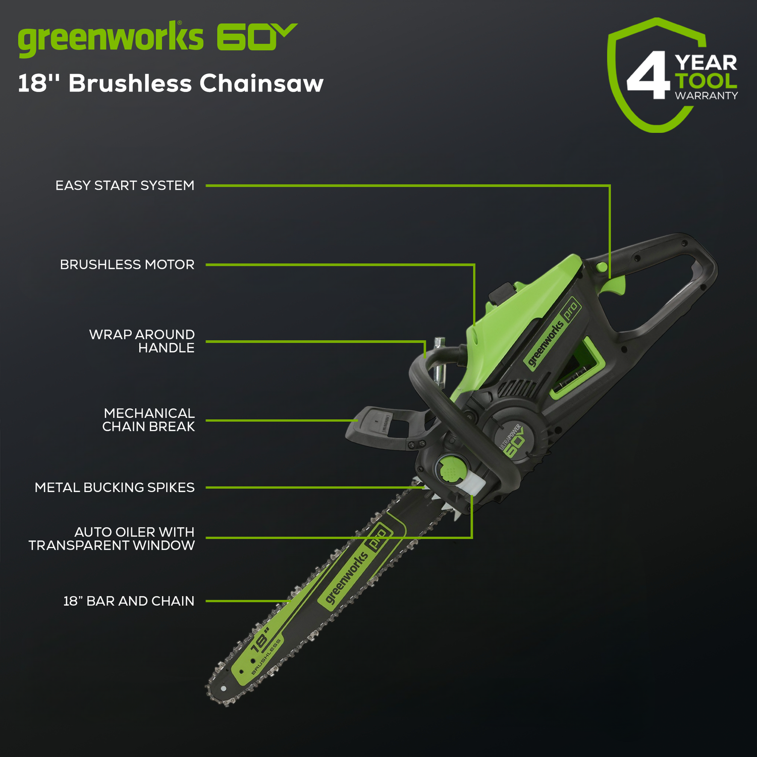 Scie à chaîne sans balais 18 po 60 V de Greenworks, batterie et chargeur non inclus