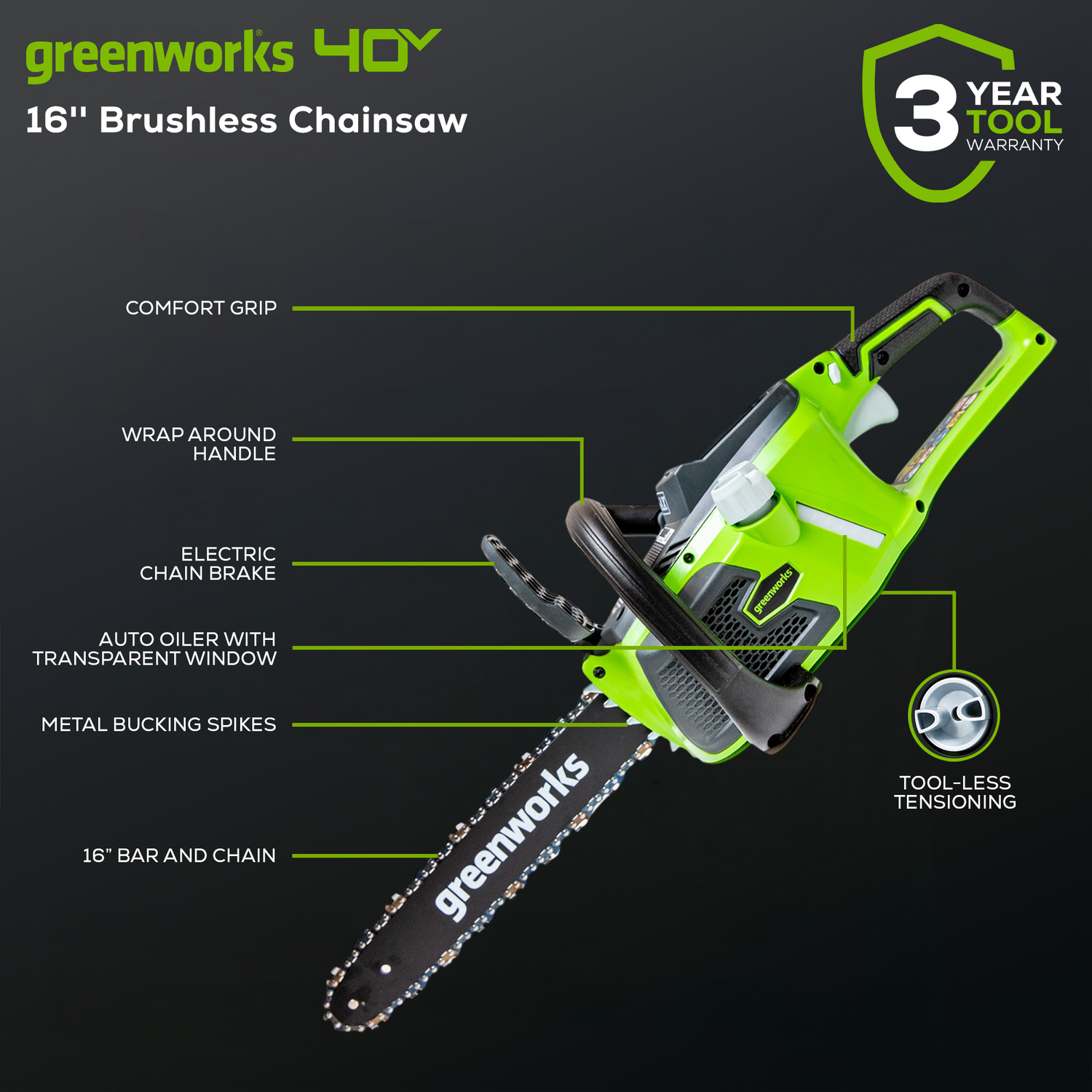 Scie à chaîne sans balais 40&nbsp;V de 16&nbsp;po de Greenworks, batterie et chargeur non inclus