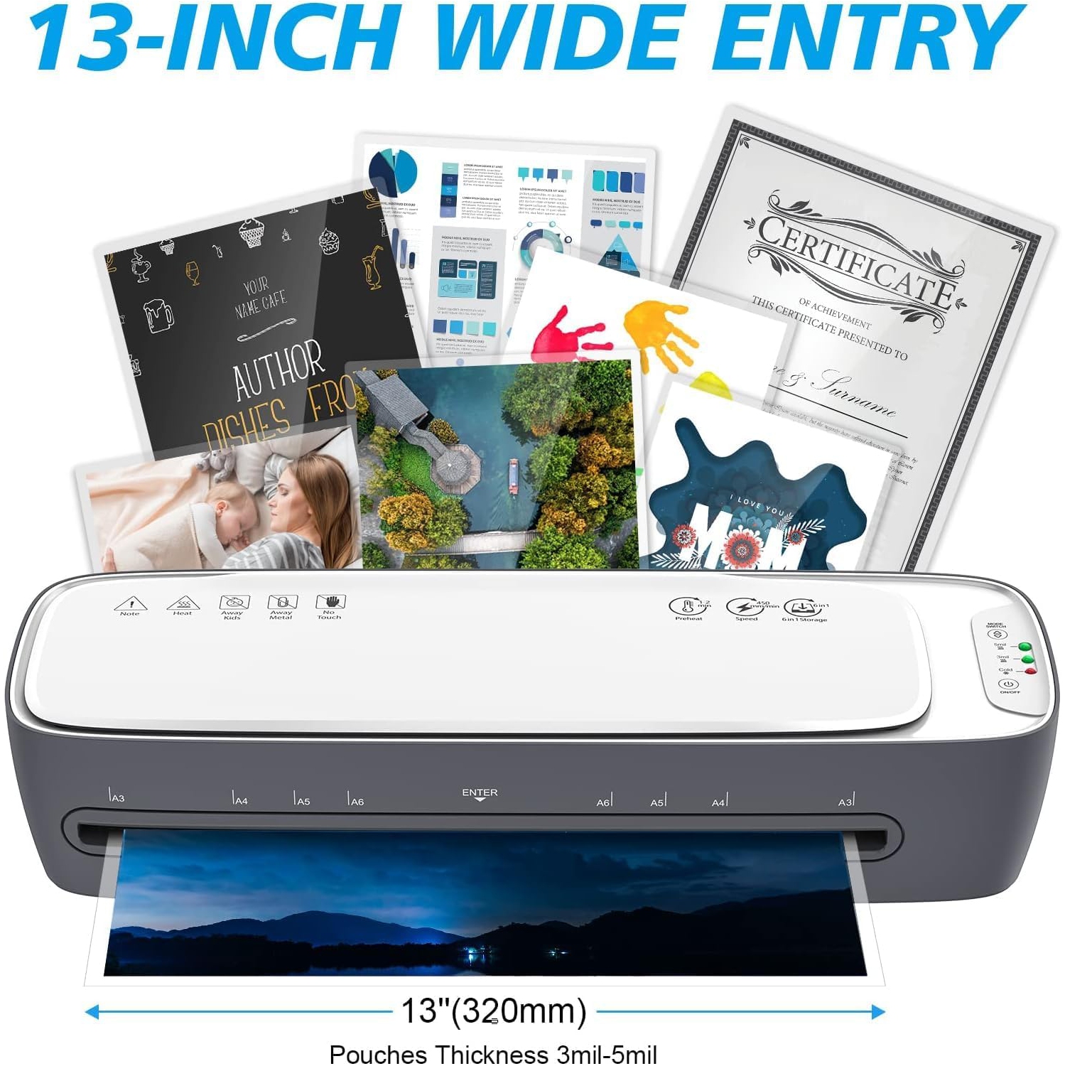 Laminator Machine and Sheets 13-Inch, Laminating Machine 11x17 Cold Thermal Laminator, 9 in 1 Lamination Machine 60s Warm-Up No Jam, Laminate Machine