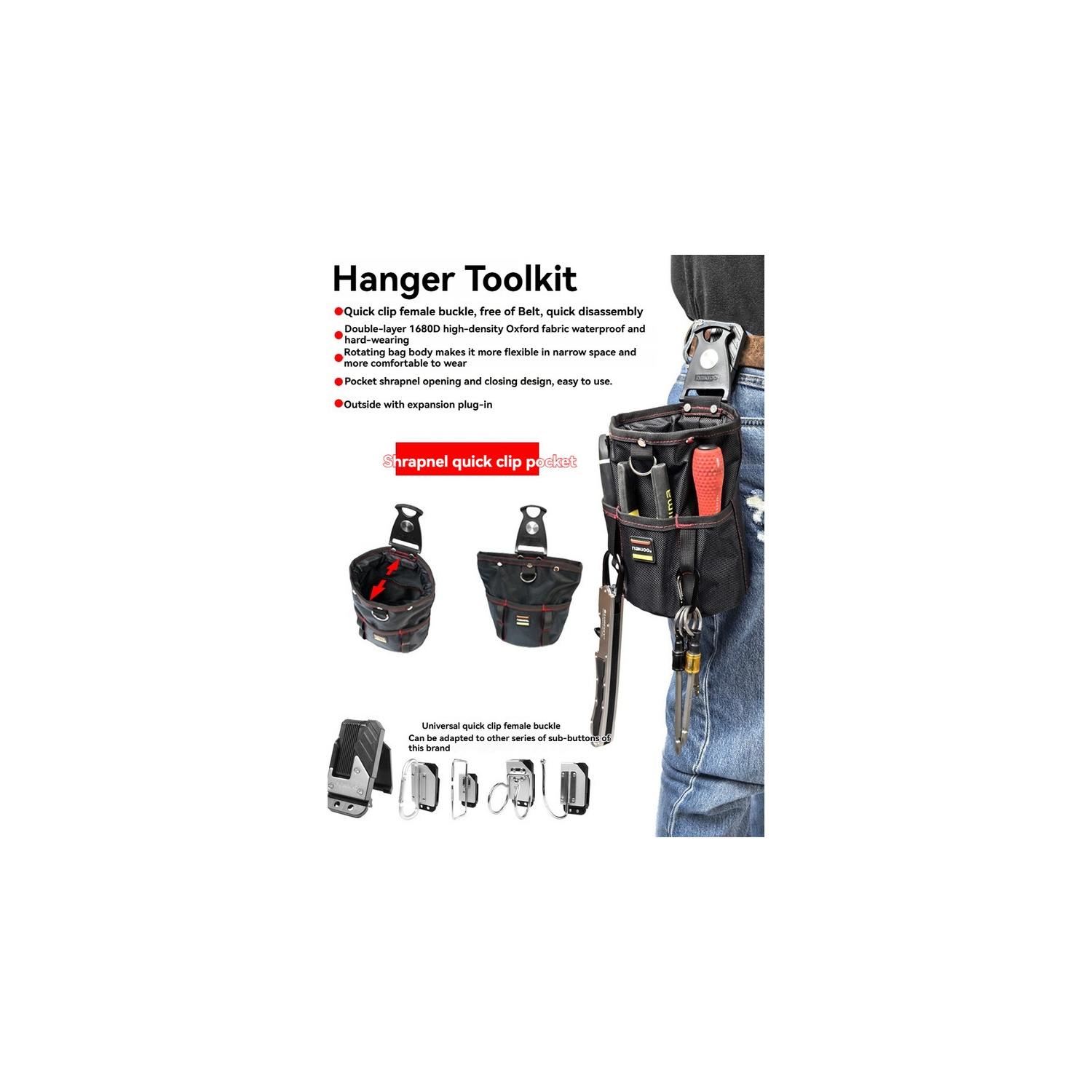 Tool Bag, Nail Bag with Removable Tool Holder, Waterproof, Durable, Lightweight Nylon, Attaches to Belt, Stores Small Items, Prevents Tools from