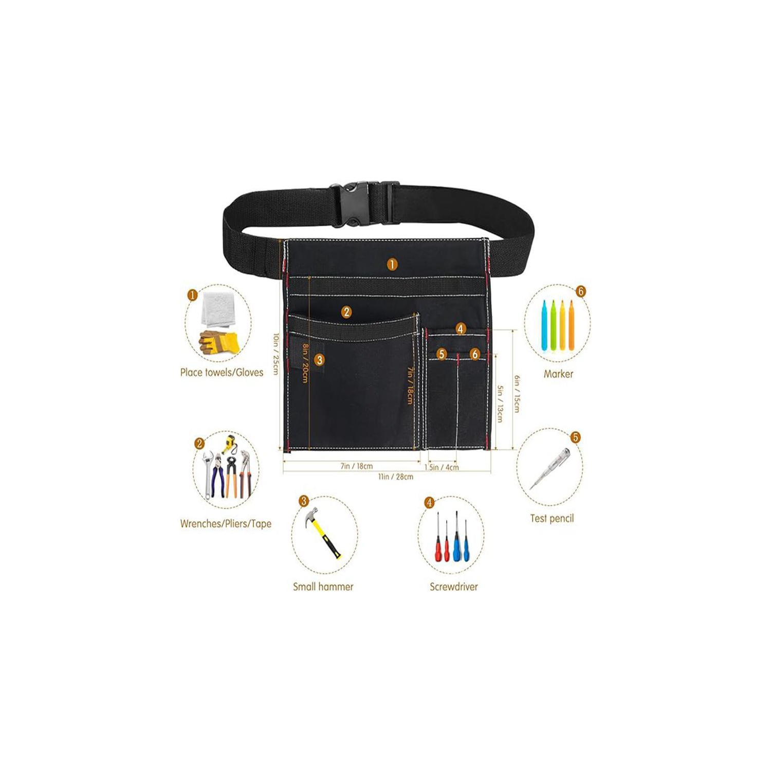 Multifunctional tool thickened multi-pocket canvas waist bag garden pruning special storage waist hanging hardware tool bag - black