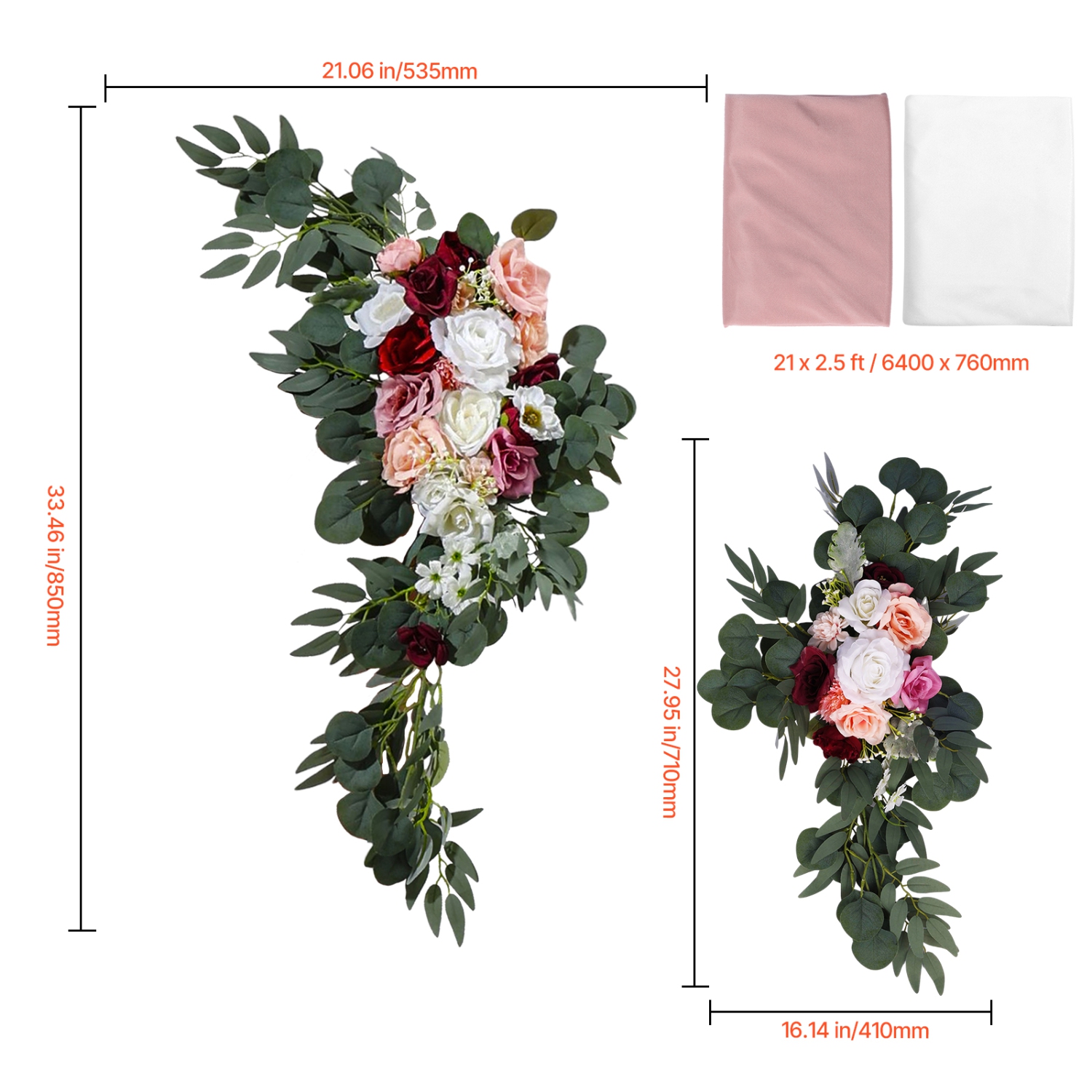 VEVOR Artificial Wedding Arch Flowers Kit, Pink Wedding Arch Flowers with Drapes Kit - 2 Pcs Floral Arrangement, 2 Pcs Sheer Drapes, for Ceremony