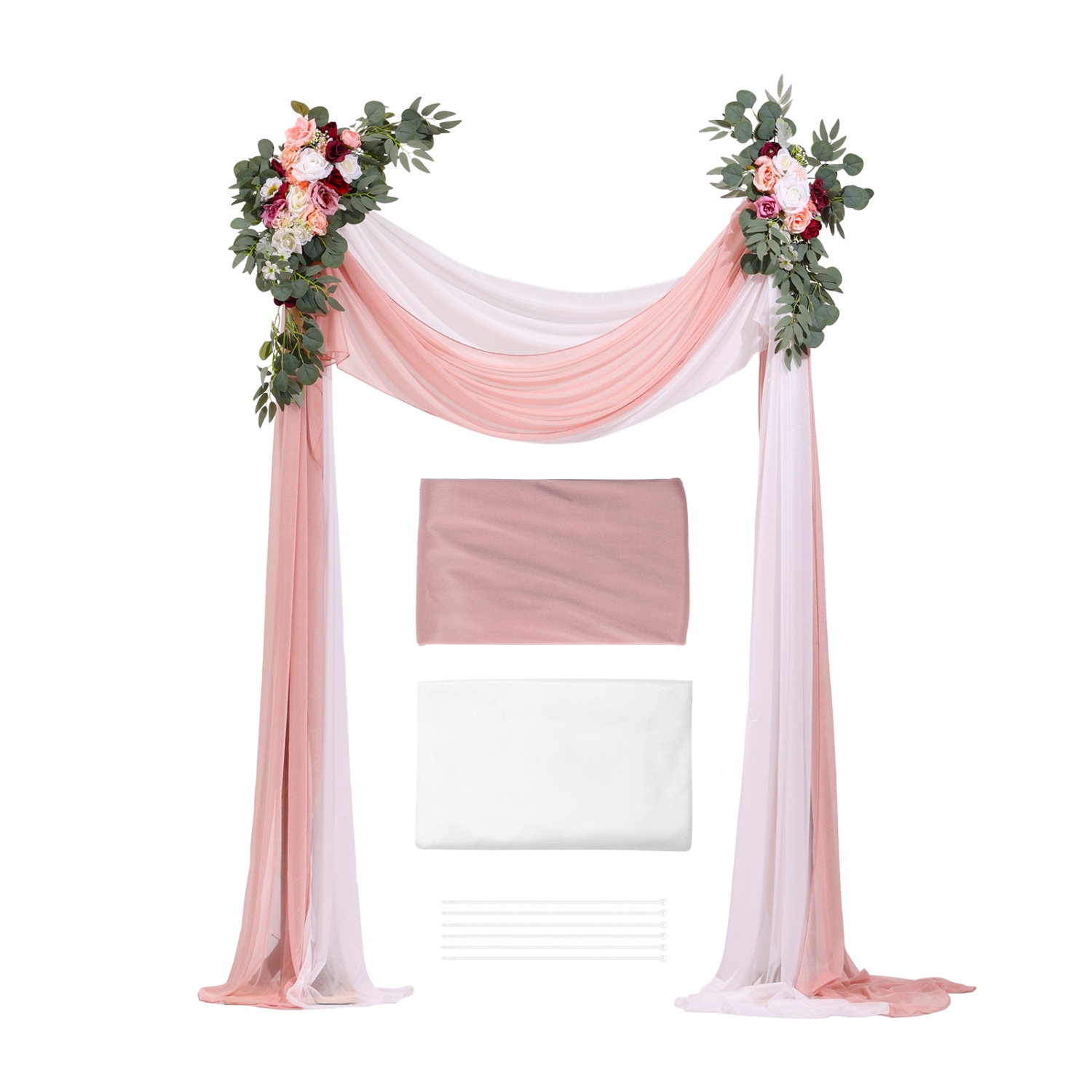 VEVOR Artificial Wedding Arch Flowers Kit, Pink Wedding Arch Flowers with Drapes Kit - 2 Pcs Floral Arrangement, 2 Pcs Sheer Drapes, for Ceremony