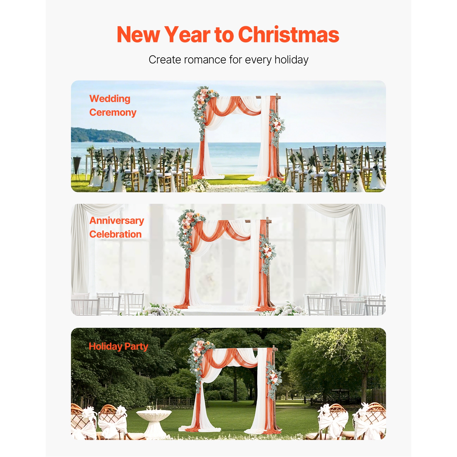 VEVOR Artificial Wedding Arch Flowers Kit, Orange Wedding Arch Flowers with Drapes Kit - 2 Pcs Floral Arrangement, 3 Pcs Sheer Drapes, for Ceremony