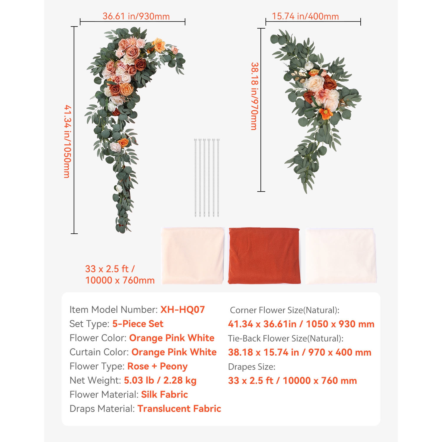 VEVOR Artificial Wedding Arch Flowers Kit, Orange Wedding Arch Flowers with Drapes Kit - 2 Pcs Floral Arrangement, 3 Pcs Sheer Drapes, for Ceremony