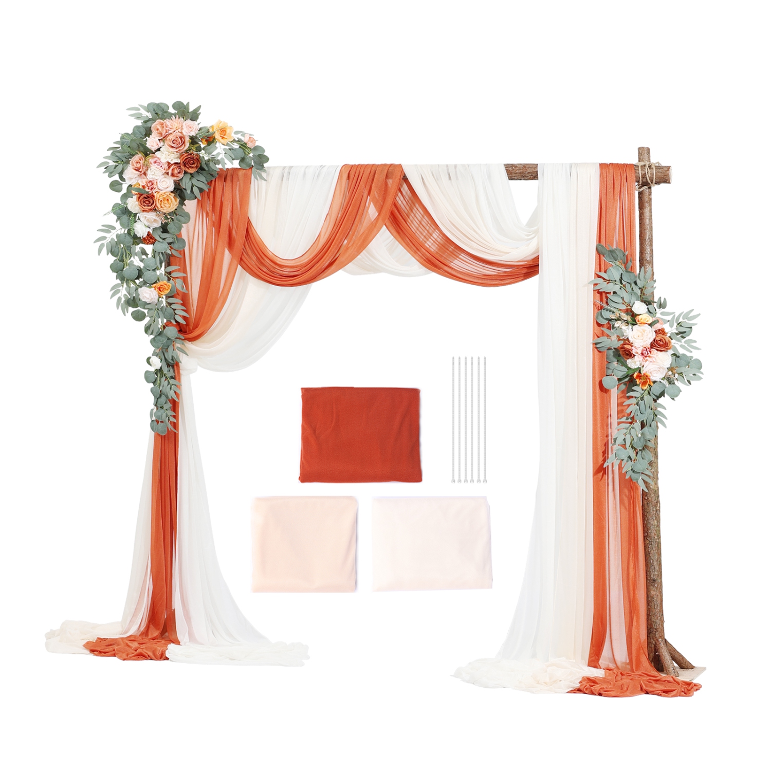 VEVOR Artificial Wedding Arch Flowers Kit, Orange Wedding Arch Flowers with Drapes Kit - 2 Pcs Floral Arrangement, 3 Pcs Sheer Drapes, for Ceremony