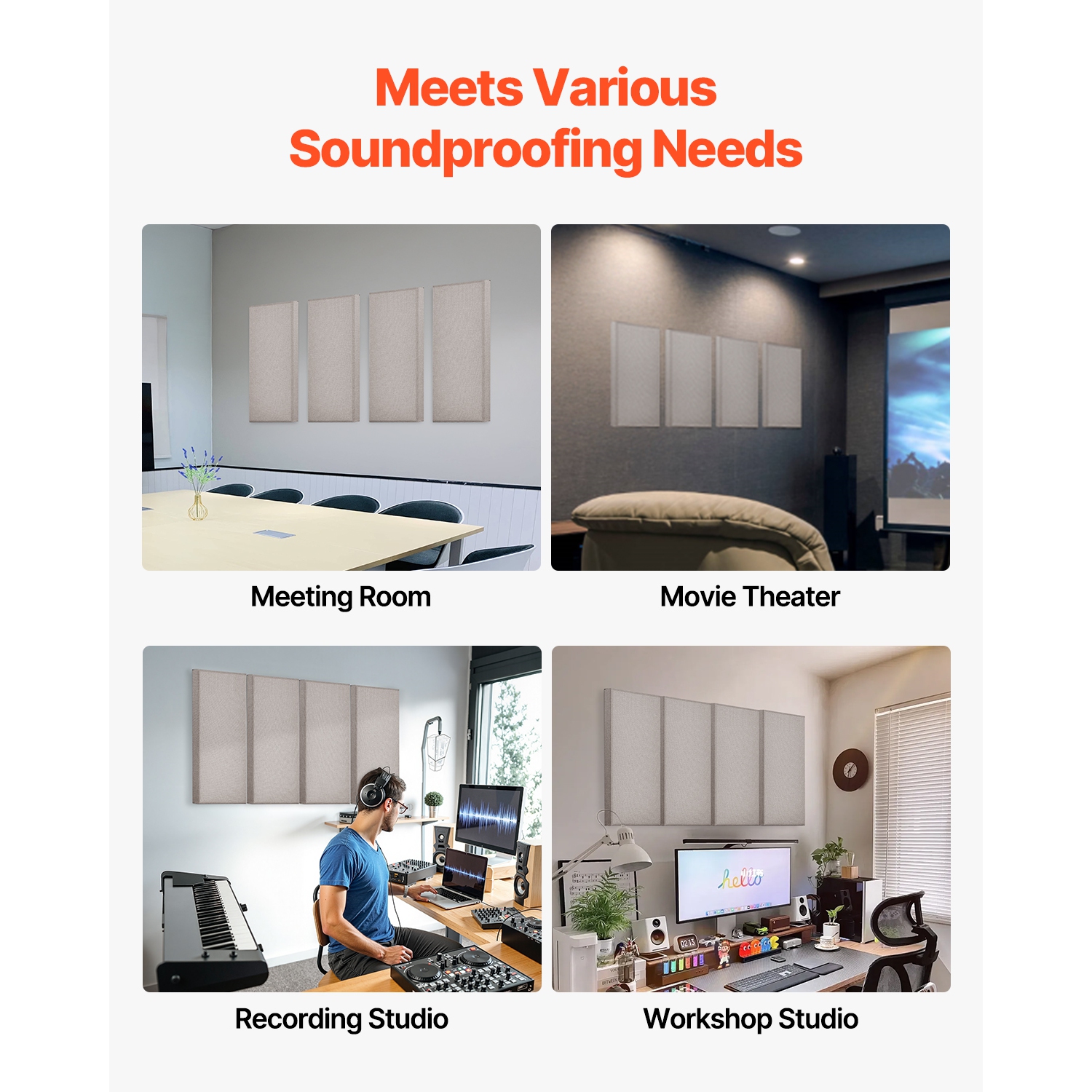 VEVOR 4 PCS Acoustic Panels, 2 inch Thick 23.6 x 11.8 inch Fiberglass Sound Absorbing Panels, Self-adhesive Soundproof Wall Boards, for Studios,