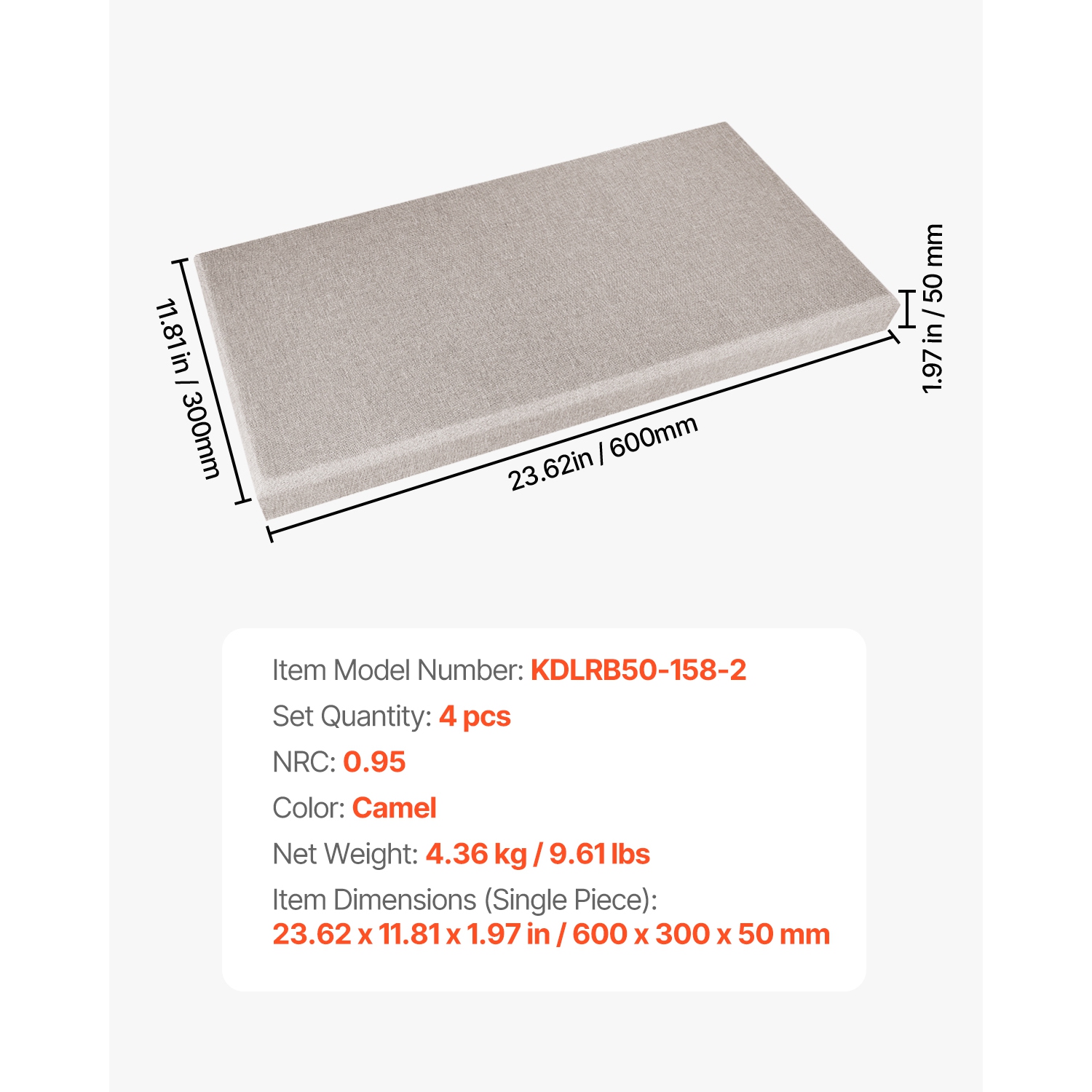 VEVOR 4 PCS Acoustic Panels, 2 inch Thick 23.6 x 11.8 inch Fiberglass Sound Absorbing Panels, Self-adhesive Soundproof Wall Boards, for Studios,