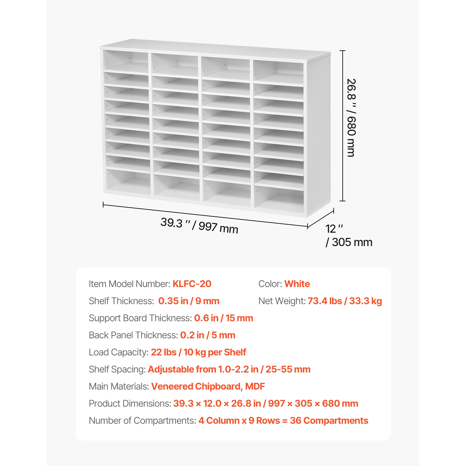VEVOR – Organisateur à documents à 36 compartiments, boîte aux lettres avec tablettes ajustables, classeur en bois à densité moyenne en panneaux de