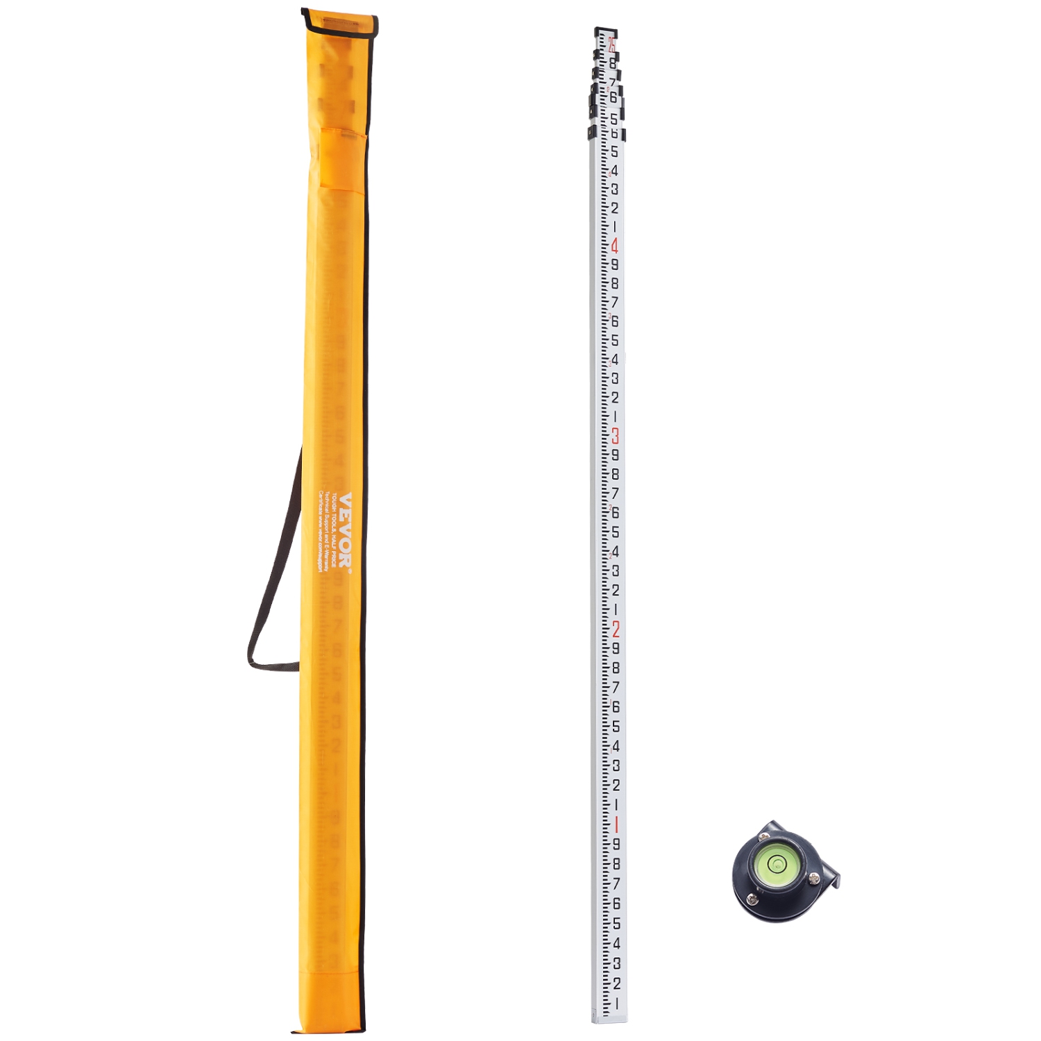 VEVOR 25-Feet/10ths 6 Sections Telescopic Measuring Rod,Double-Sided Scale 1/10ft Leveling Rod Stick,Aluminum Alloy Rod w/ Bubble Level &Carrying Bag for Houses,Walls,Floors