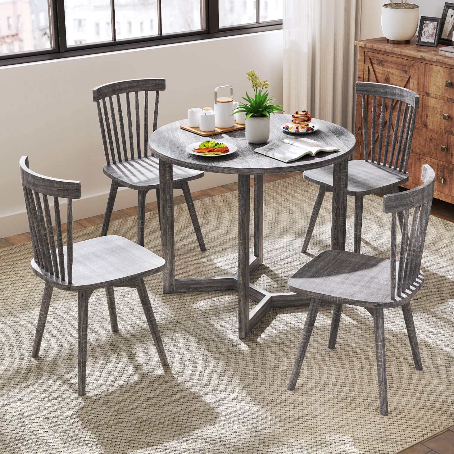Costway 36 Inch Wood Dining Table for 2-4 People with Wing-shaped Pedestal Base Gray/Black