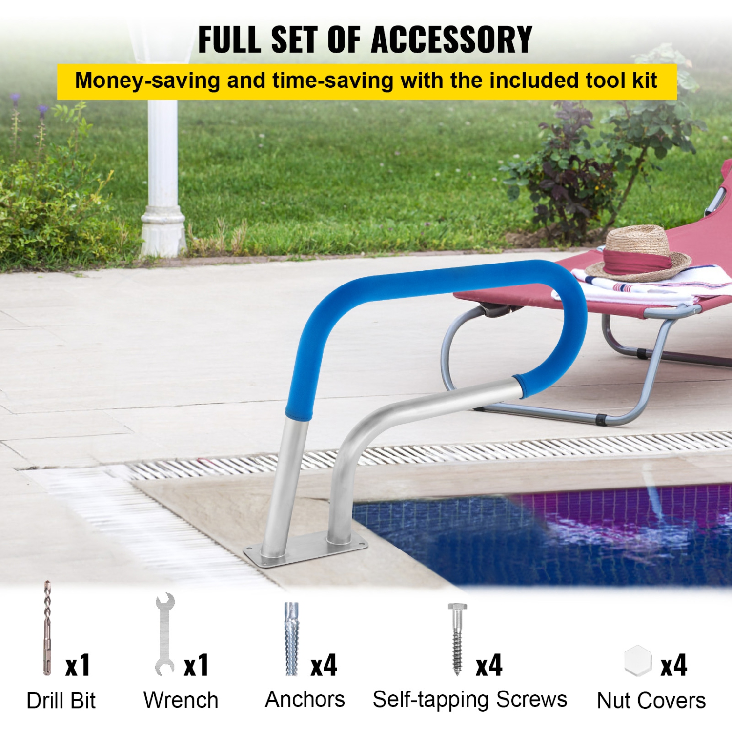 VEVOR 30x22 Pool Railing 304 Stainless Steel 250LBS Load Capacity Silver Rustproof Humanized Swimming Pool Handrail with Blue Grip Cover & M8 Drill