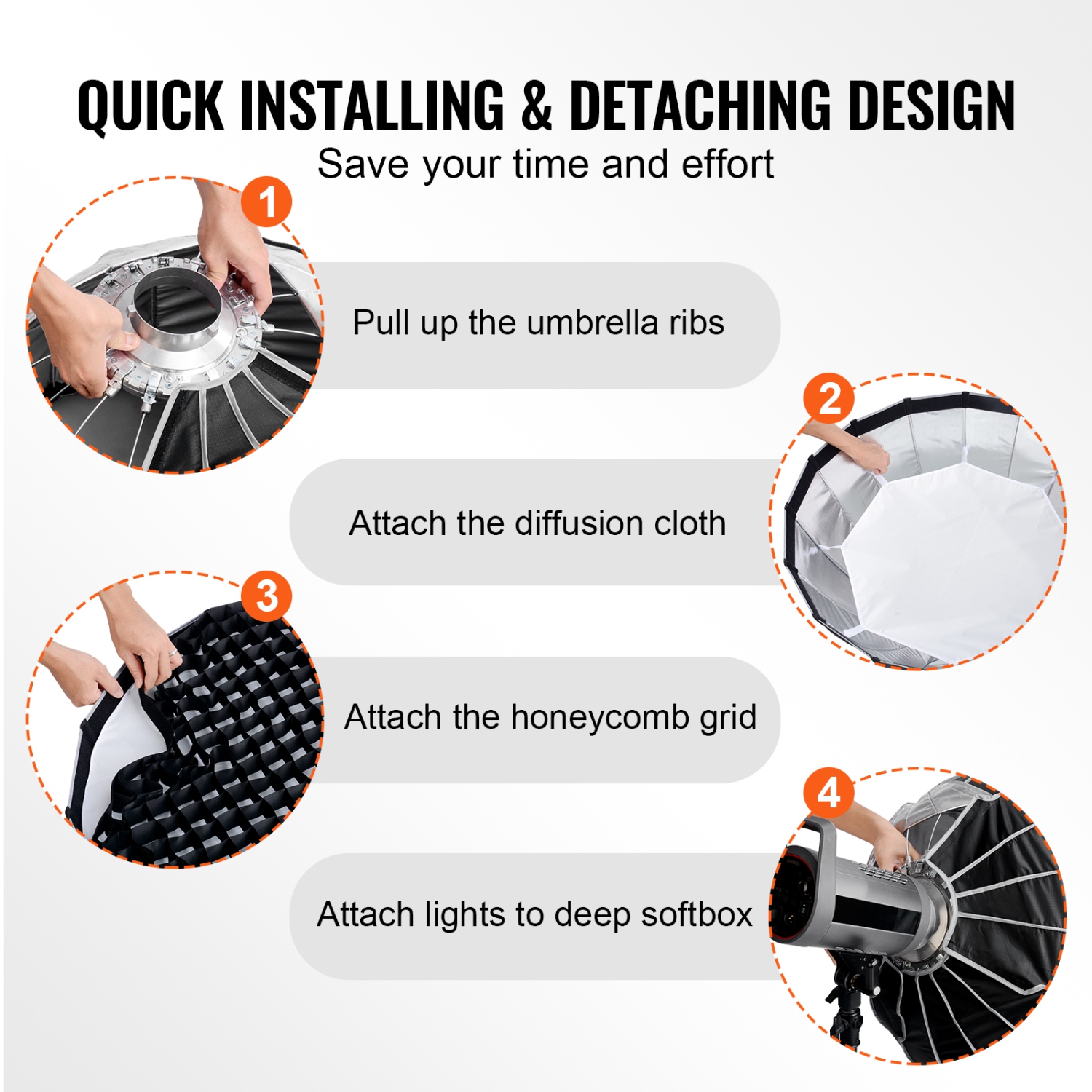 VEVOR 33 in / 850 mm Parabolic Softbox, Quick Release and Quick Fold, Lightweight and Portable, Universal Bowens Mount, 4 Lighting Effects, Fits for